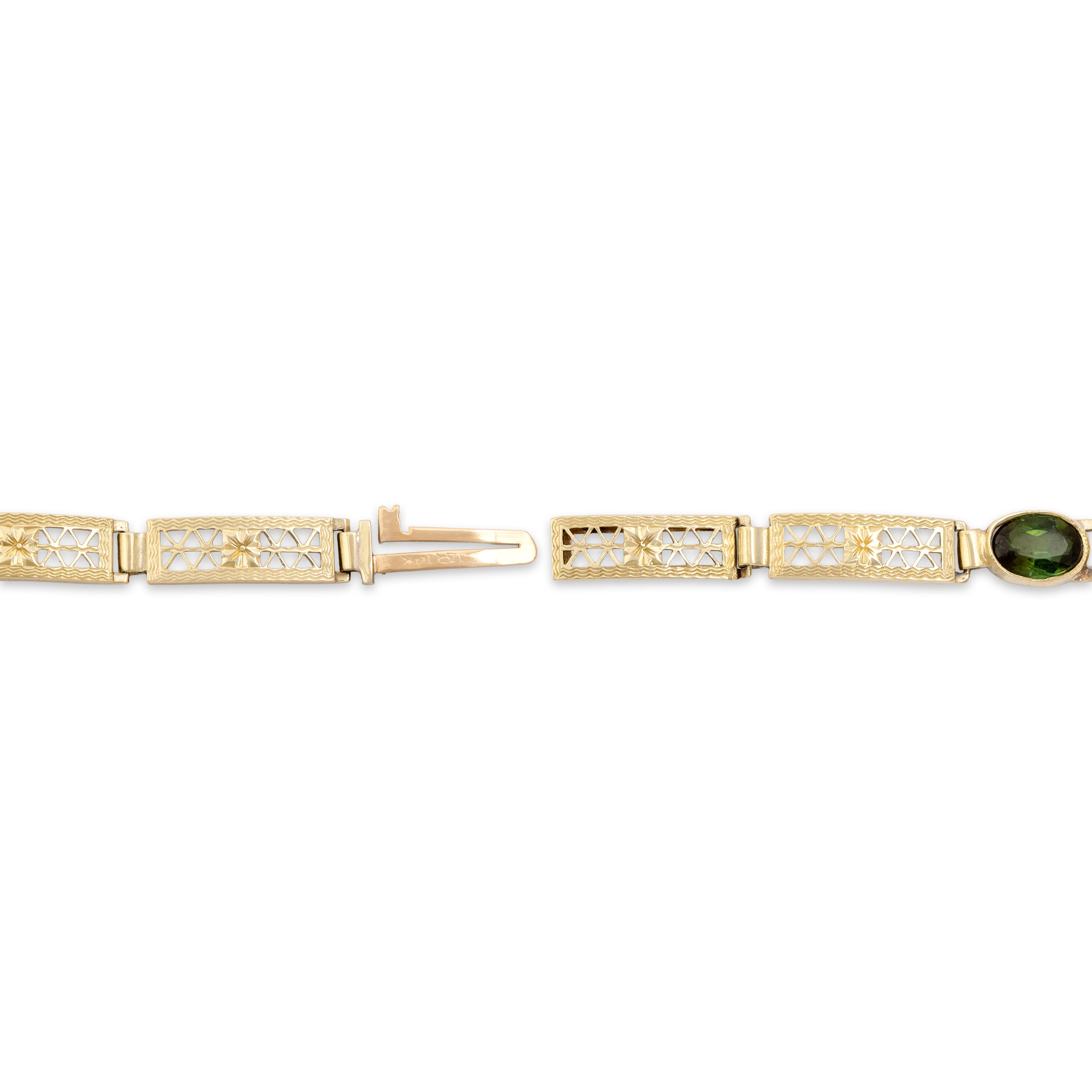 Vintage 14k Yellow Gold 4.0cttw Green Tourmaline Superb Floral Lattice Link Bracelet - clasp view