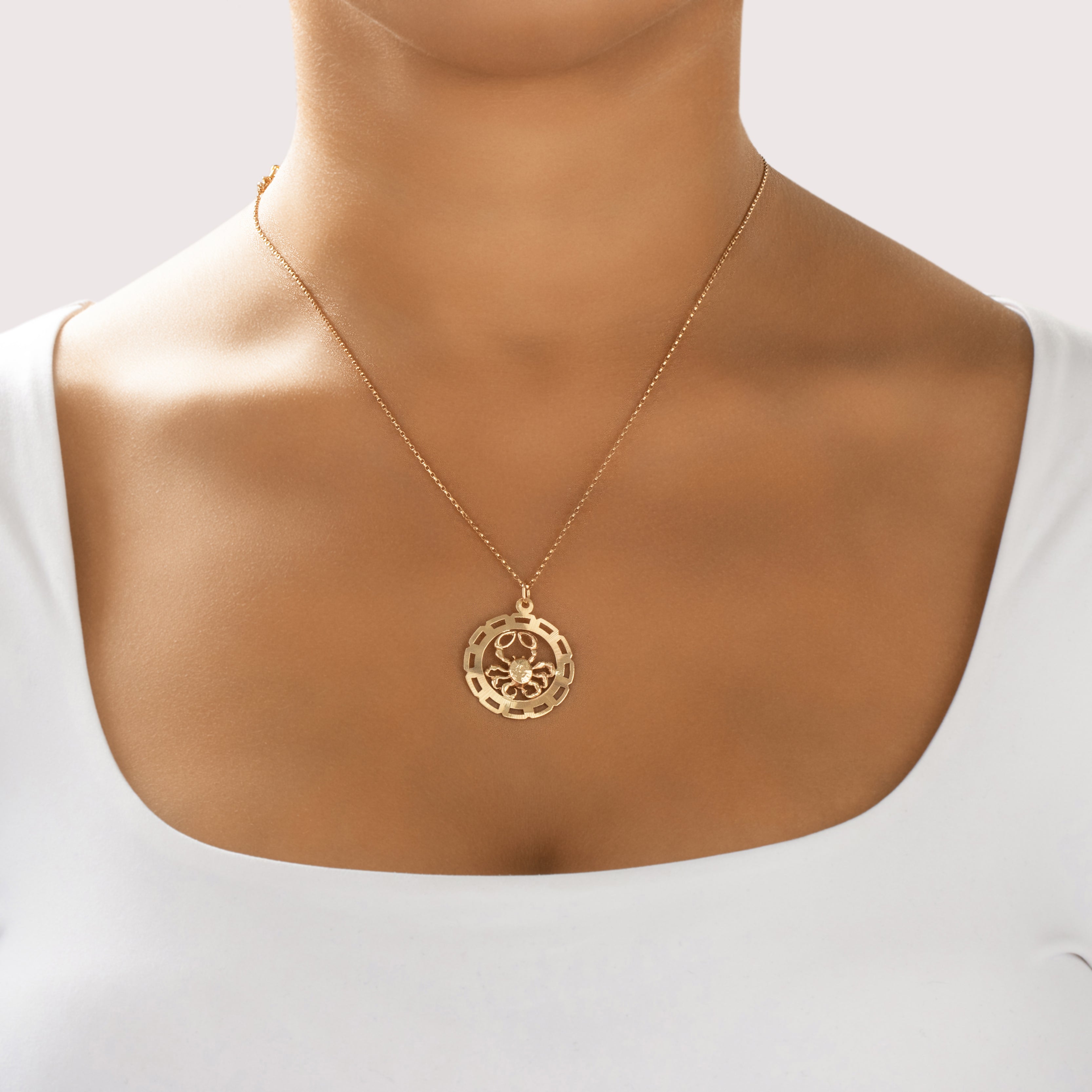 Vintage Large 14k Yellow Gold Cancer Zodiac Crab Medallion Charm / Pendant - On model view