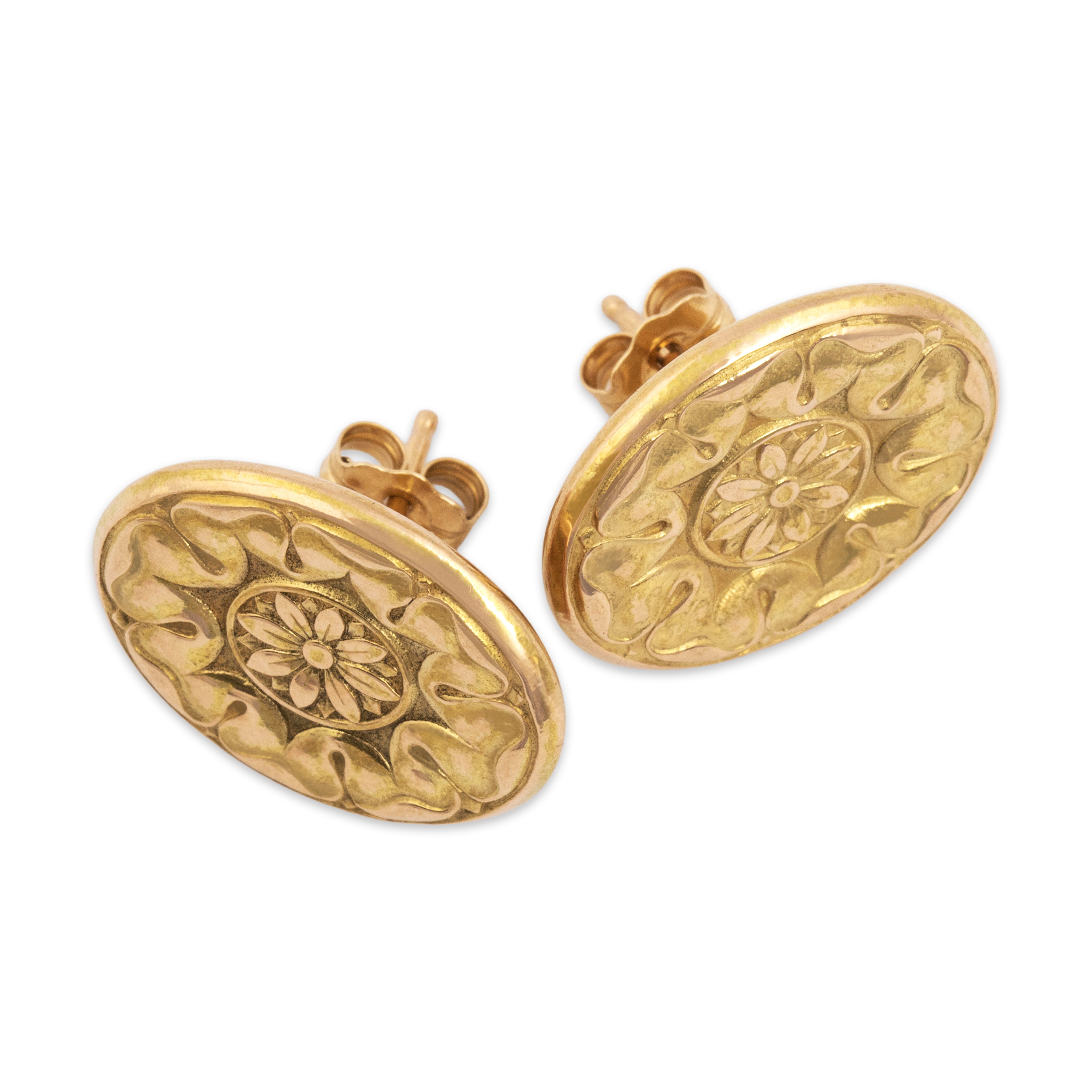 Vintage 14k Yellow Gold Oval Floral Stud Earrings - Overall view