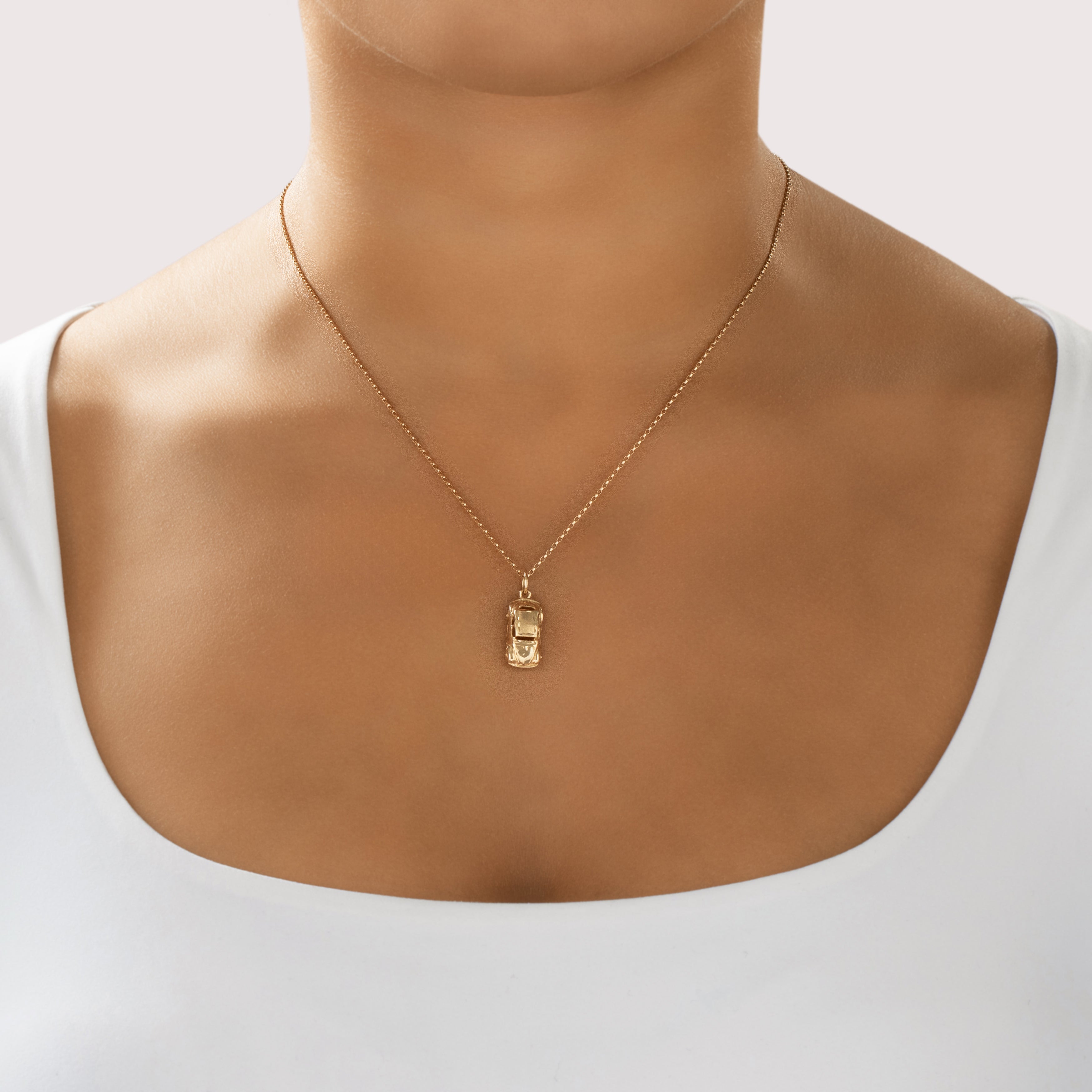 Vintage Heavy 14k Yellow Gold Beetle Automobile Charm / Pendant - On model view