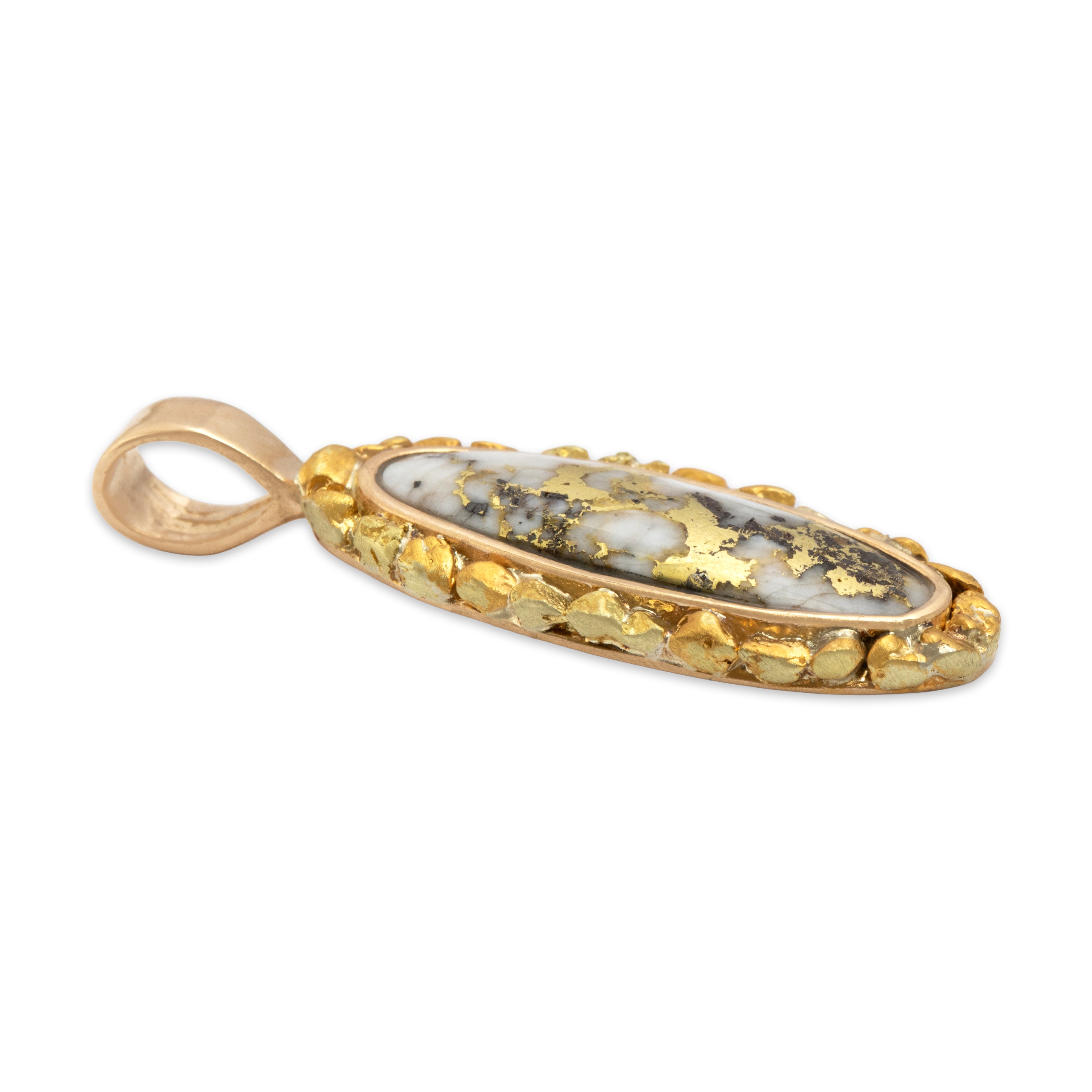 Vintage 14k Yellow Gold Gold Vein Quartz Nugget Framed Pendant - Side view