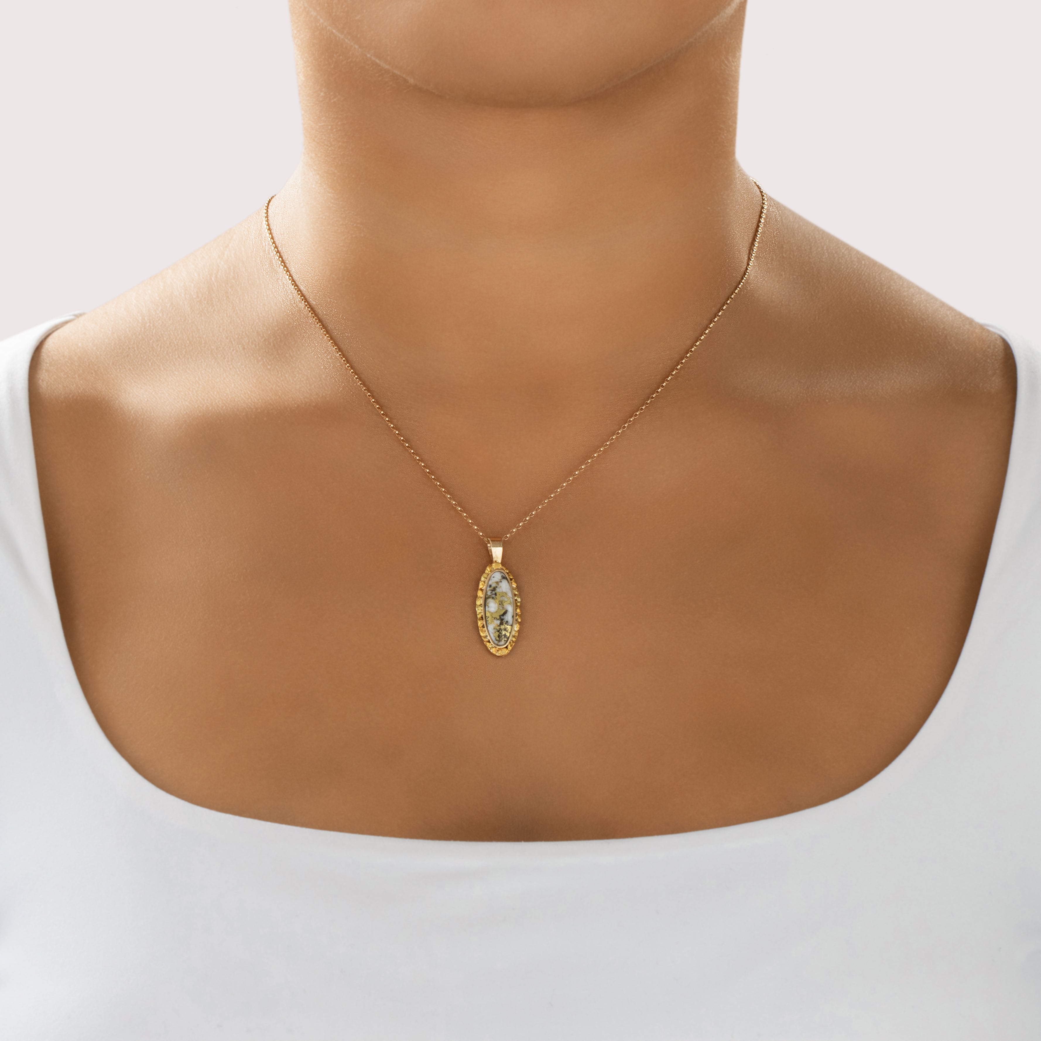 Vintage 14k Yellow Gold Gold Vein Quartz Nugget Framed Pendant - On model view