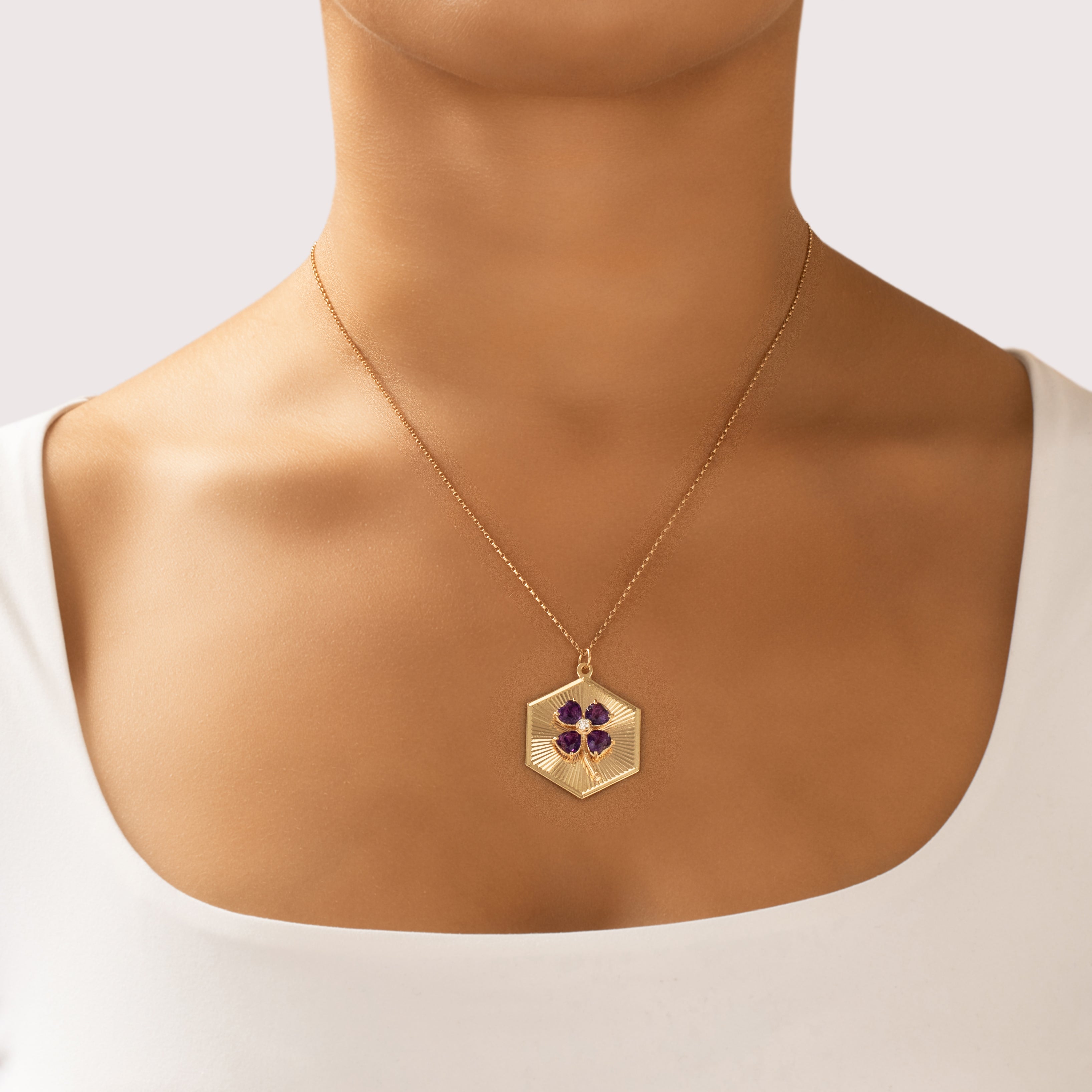 Vintage Large 14k Yellow Gold 2.03cttw Amethyst Diamond Lucky Heart-Leaf Clover Pendant - On model view