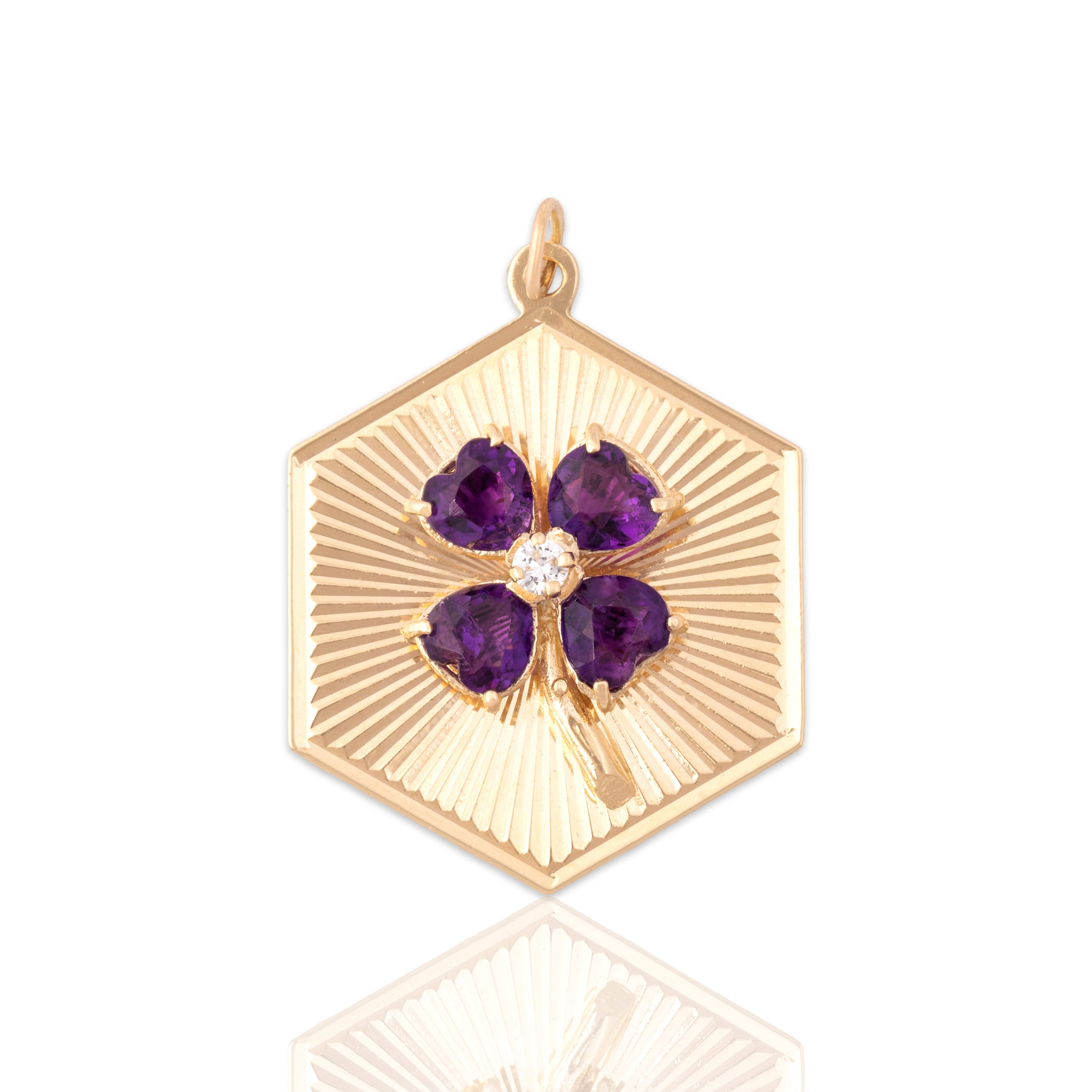 Vintage Large 14k Yellow Gold 2.03cttw Amethyst Diamond Heart-Leaf Clover Pendant - Close-up view