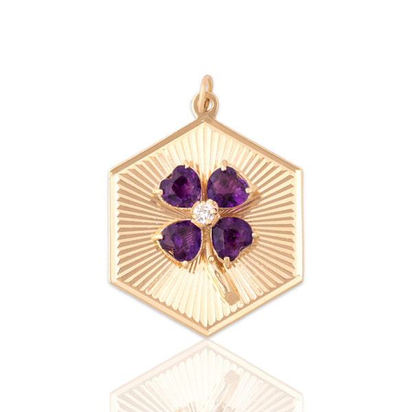 Vintage Large 14k Yellow Gold 2.03cttw Amethyst Diamond Heart-Leaf Clover Pendant