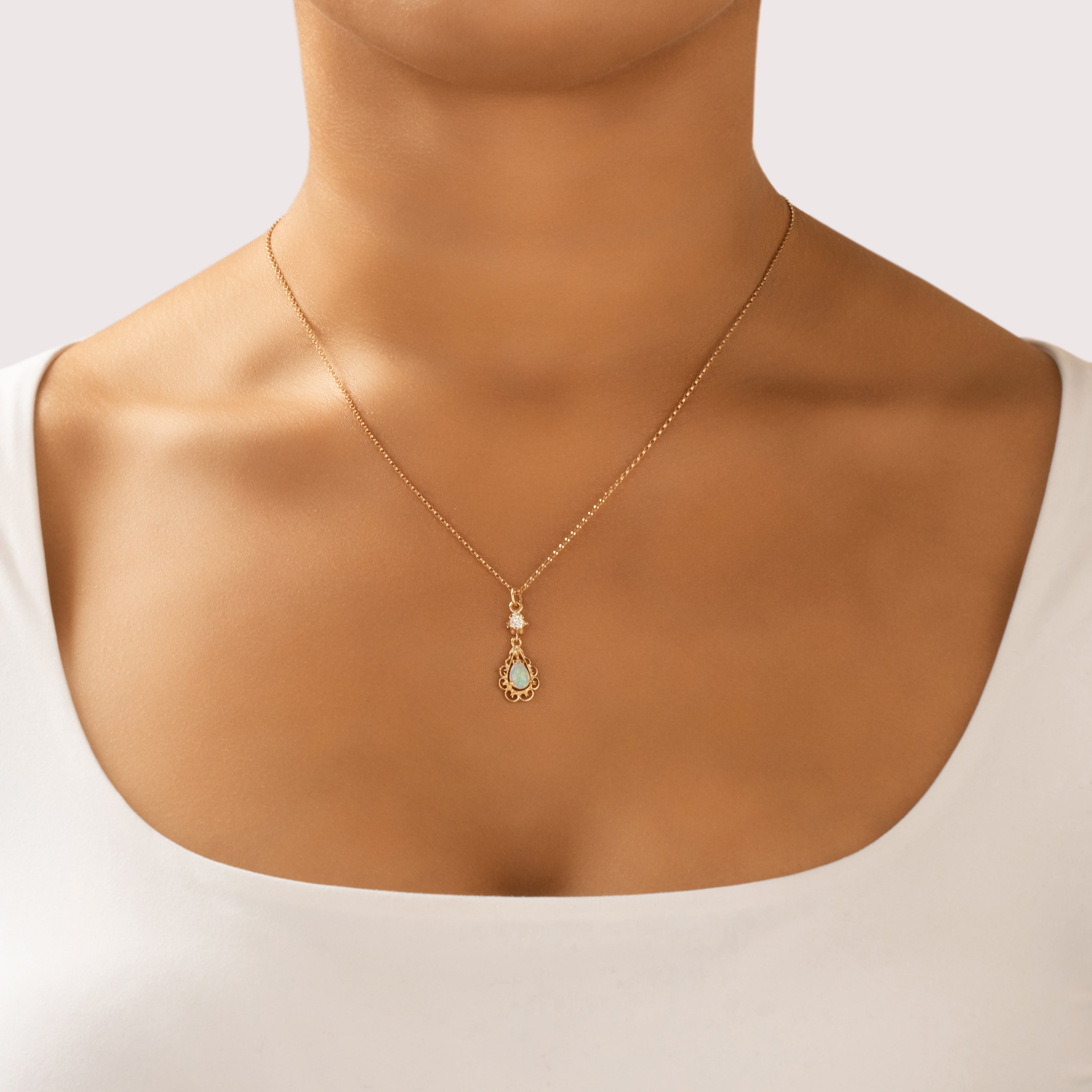 Vintage 14k Yellow Gold Opal Old Mine Cut Diamond Fantastic Open Border Pear Dangle Pendant - On model view