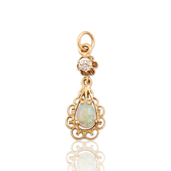 Vintage 14k Yellow Gold Opal Old Mine Cut Diamond Filigree Dangle Pendant