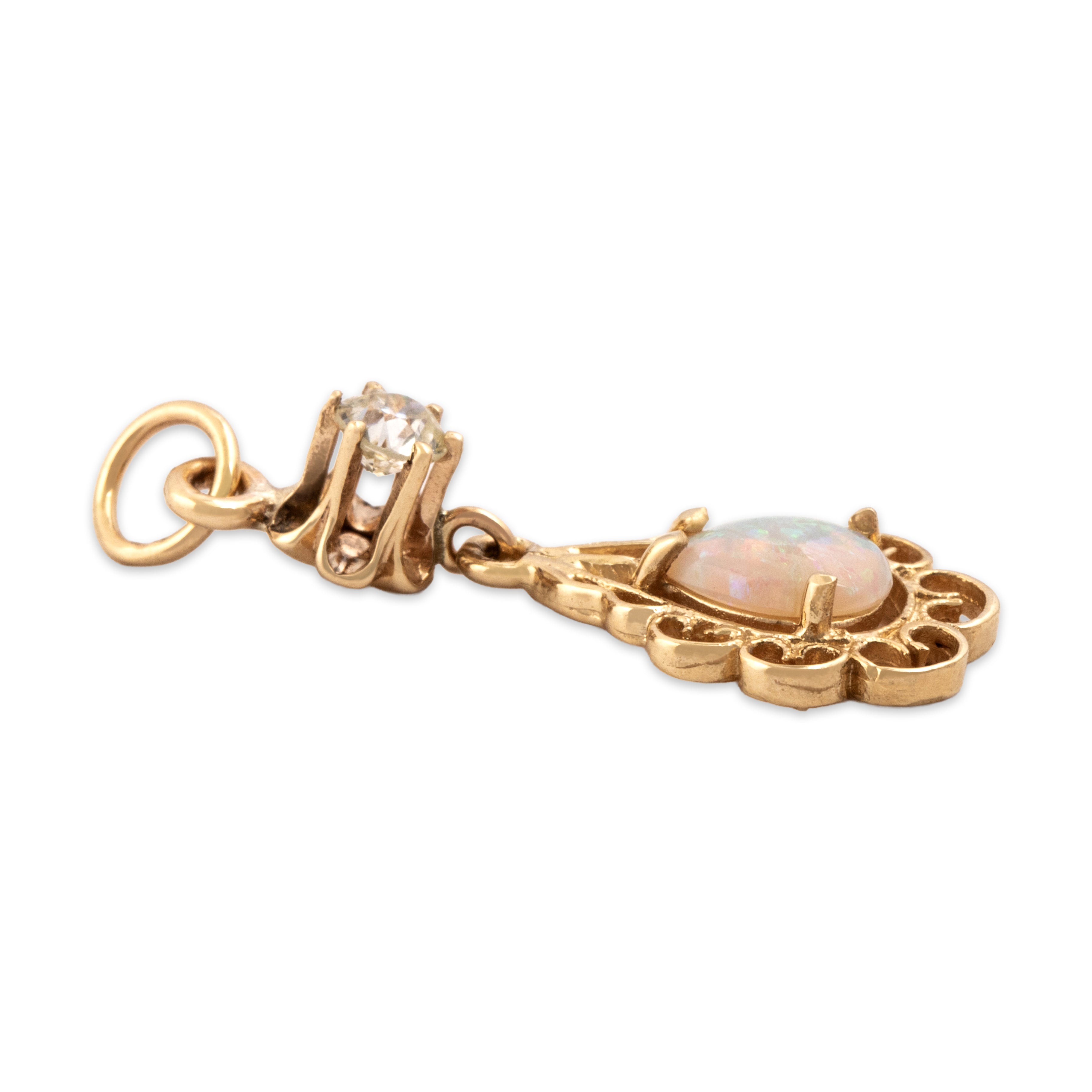 Vintage 14k Yellow Gold Opal Old Mine Cut Diamond Fantastic Open Border Pear Dangle Pendant - Side view