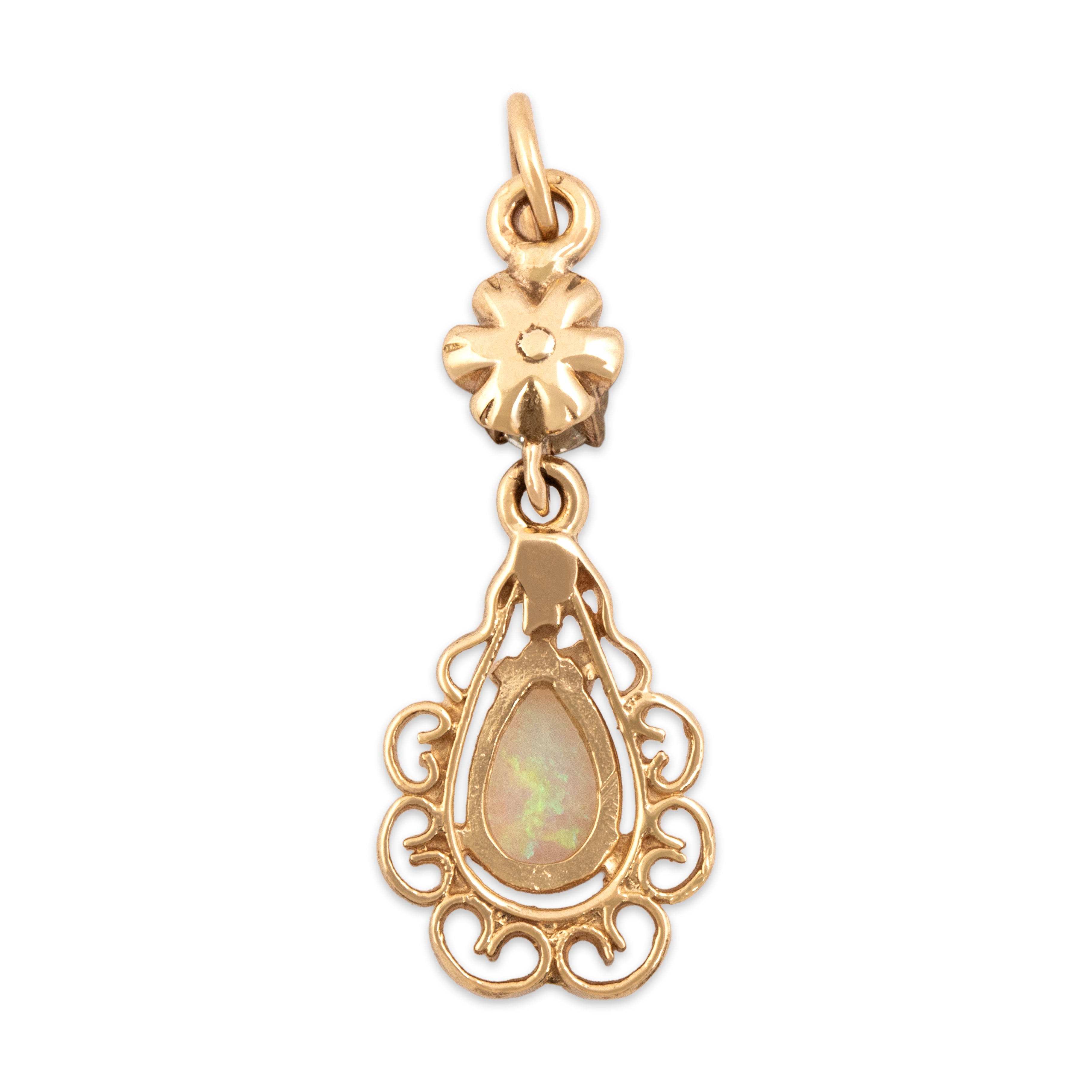 Vintage 14k Yellow Gold Opal Old Mine Cut Diamond Fantastic Open Border Pear Dangle Pendant - Back view