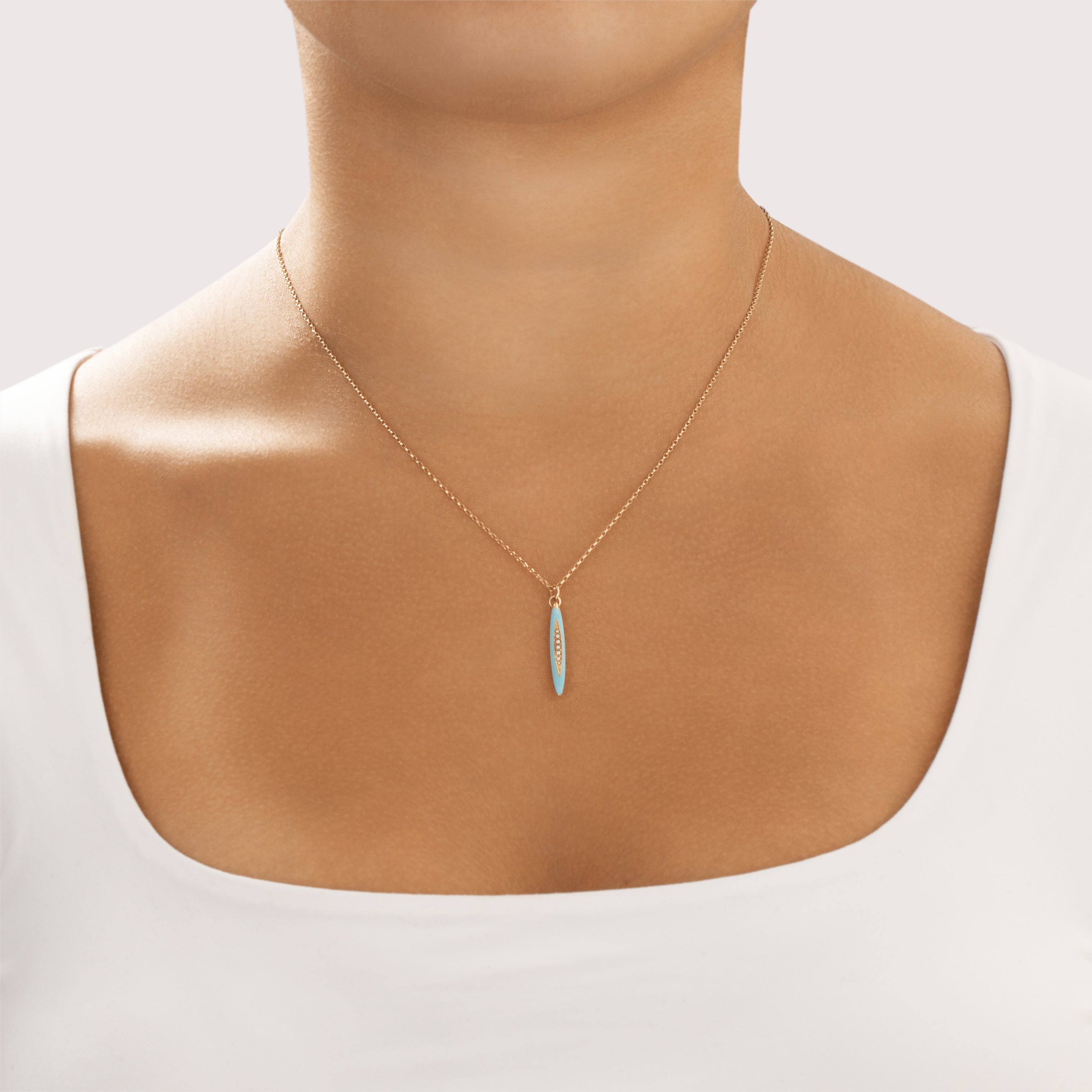 Antique 14k Rosy Yellow Gold Seed Pearl Sleek Blue Enamel Elongated Navette Charm / Pendant - On model view