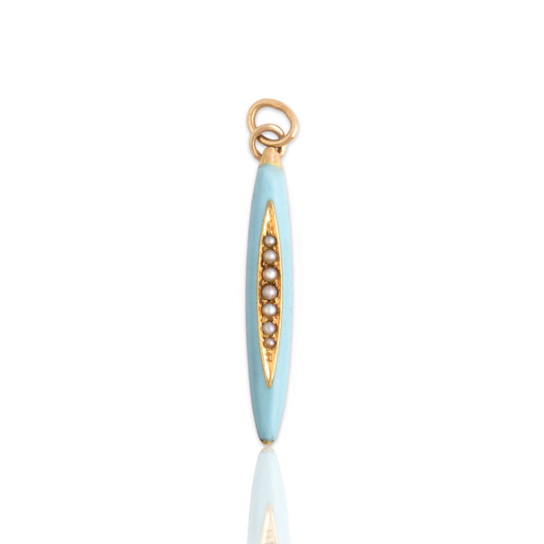 Antique 14k Rosy Yellow Gold Seed Pearl Sleek Blue Enamel Navette Charm / Pendant