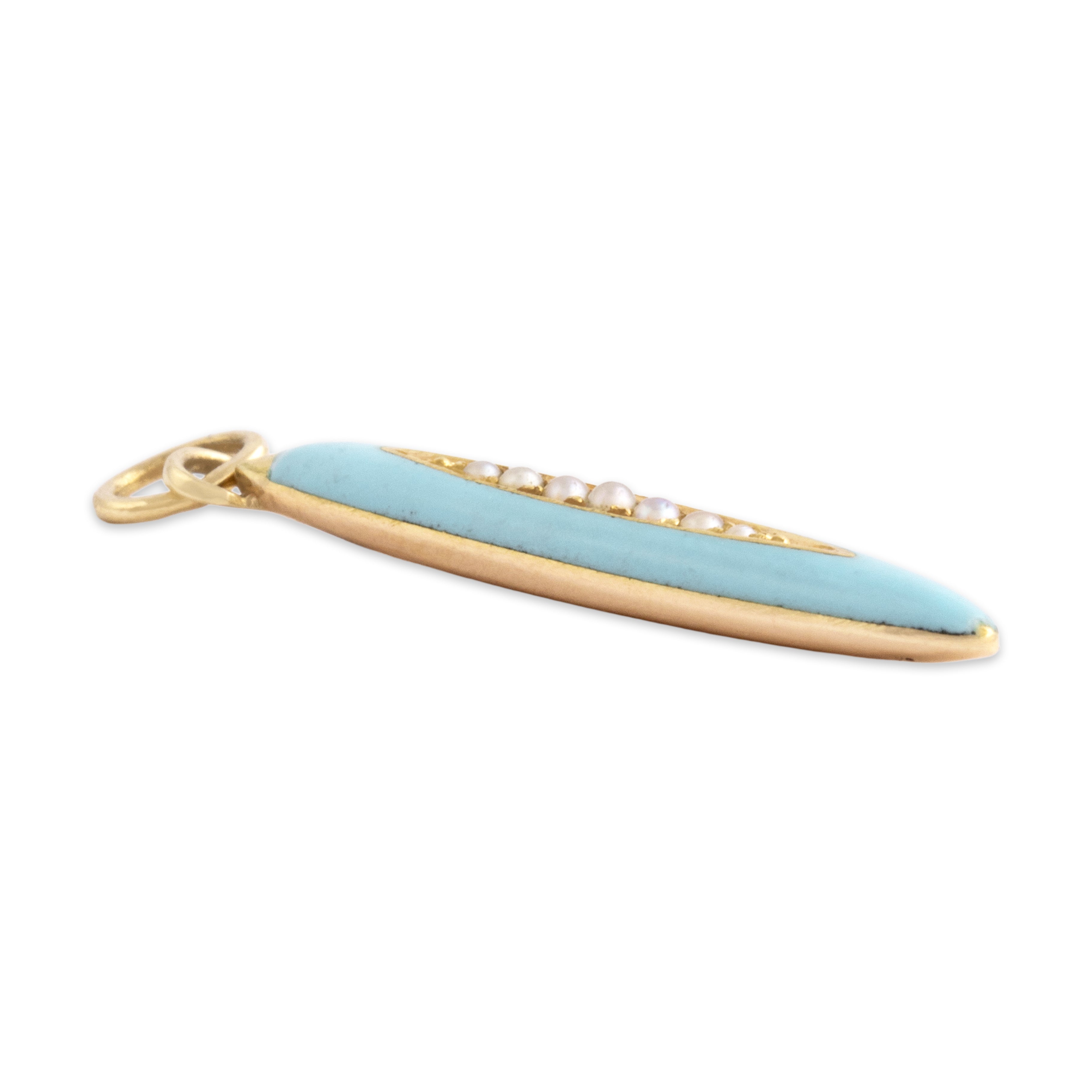 Antique 14k Rosy Yellow Gold Seed Pearl Sleek Blue Enamel Elongated Navette Charm / Pendant - Side view