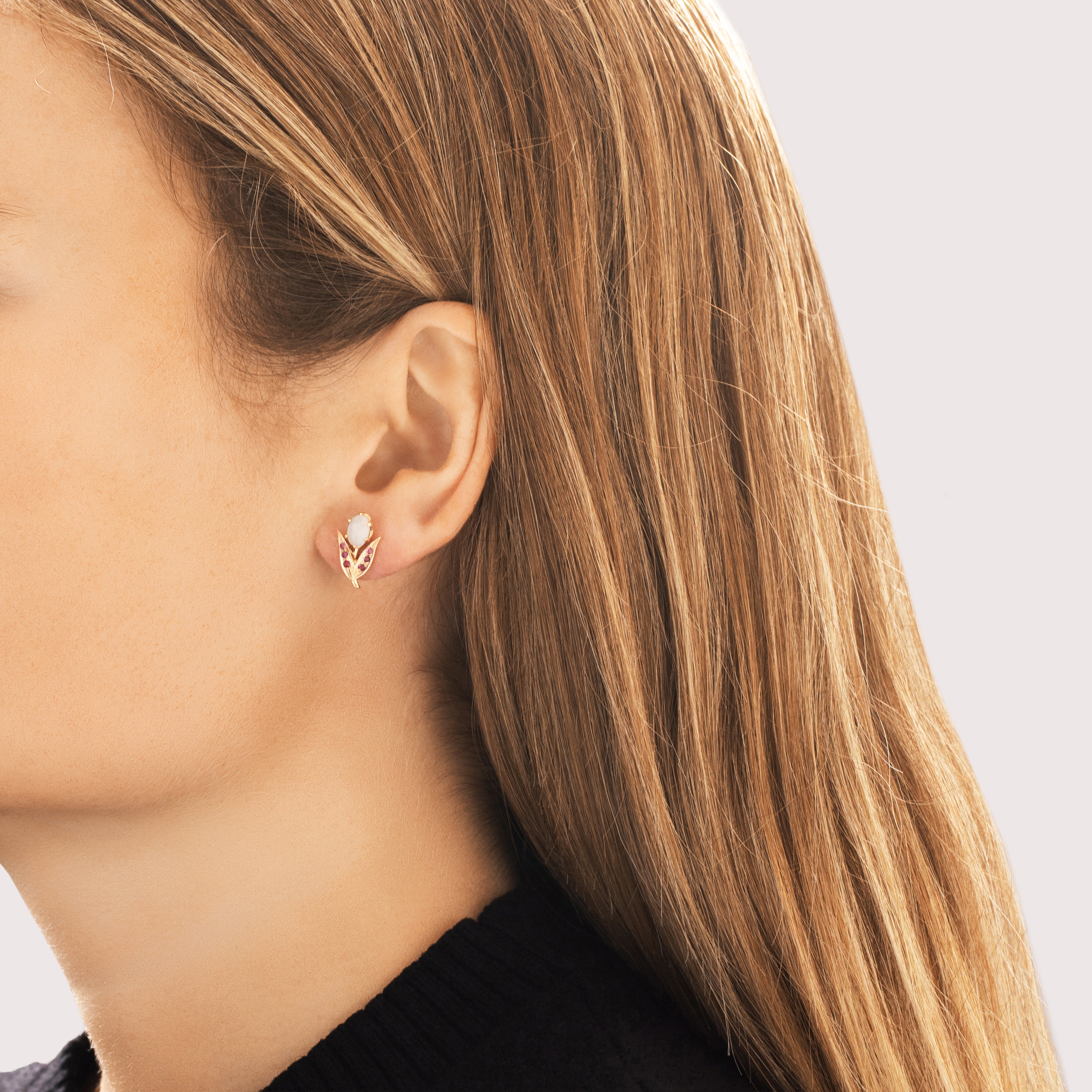 Vintage 14k Yellow Gold .63cttw Opal Ruby Darling Blossoming Tulip Stud Earrings - On model view