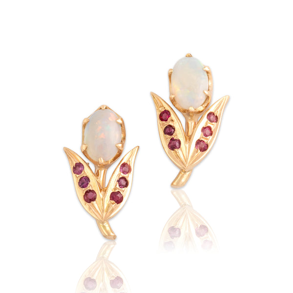 Vintage 14k Yellow Gold .63cttw Opal Ruby Darling Blossoming Tulip Stud Earrings