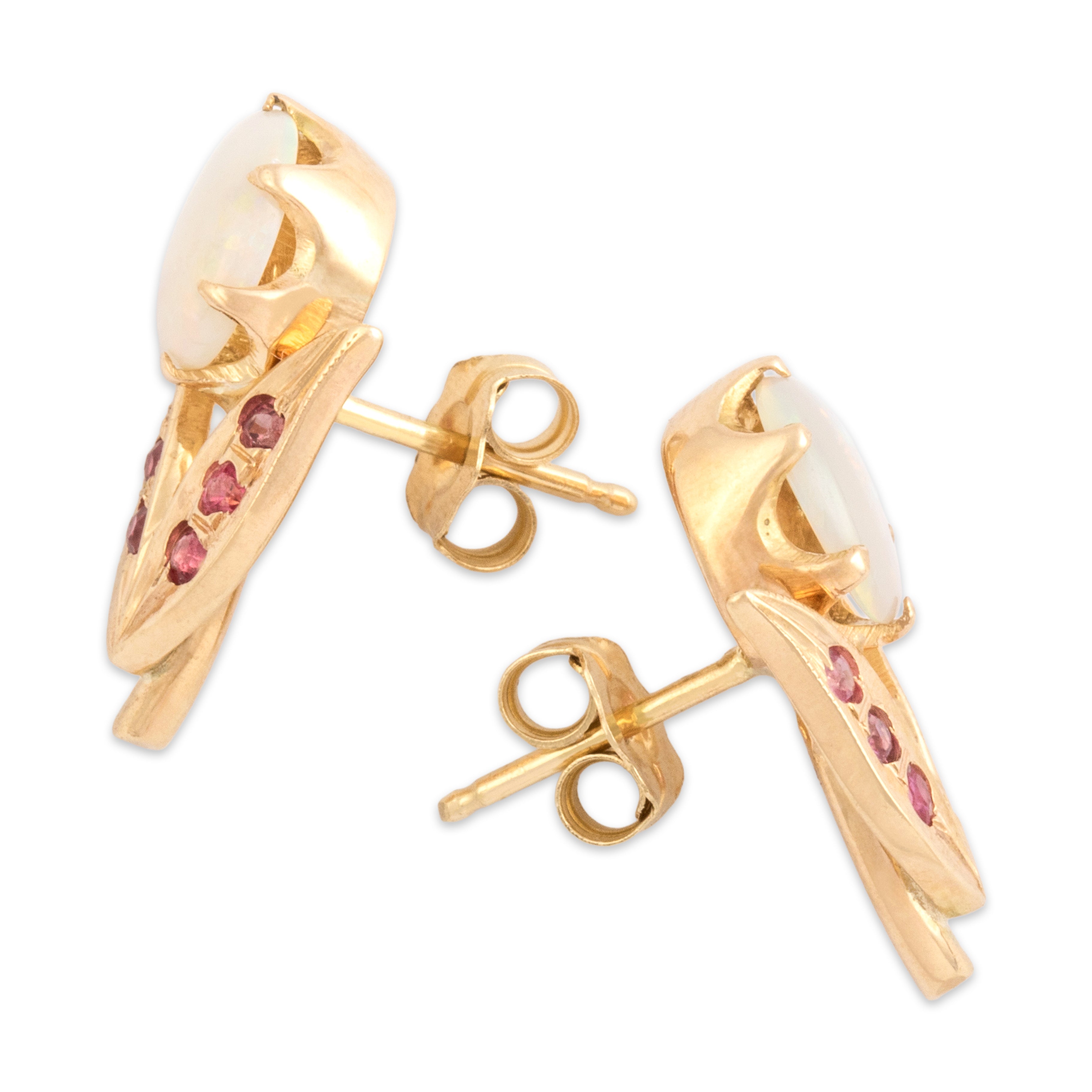 Vintage 14k Yellow Gold .63cttw Opal Ruby Darling Blossoming Tulip Stud Earrings - Side view