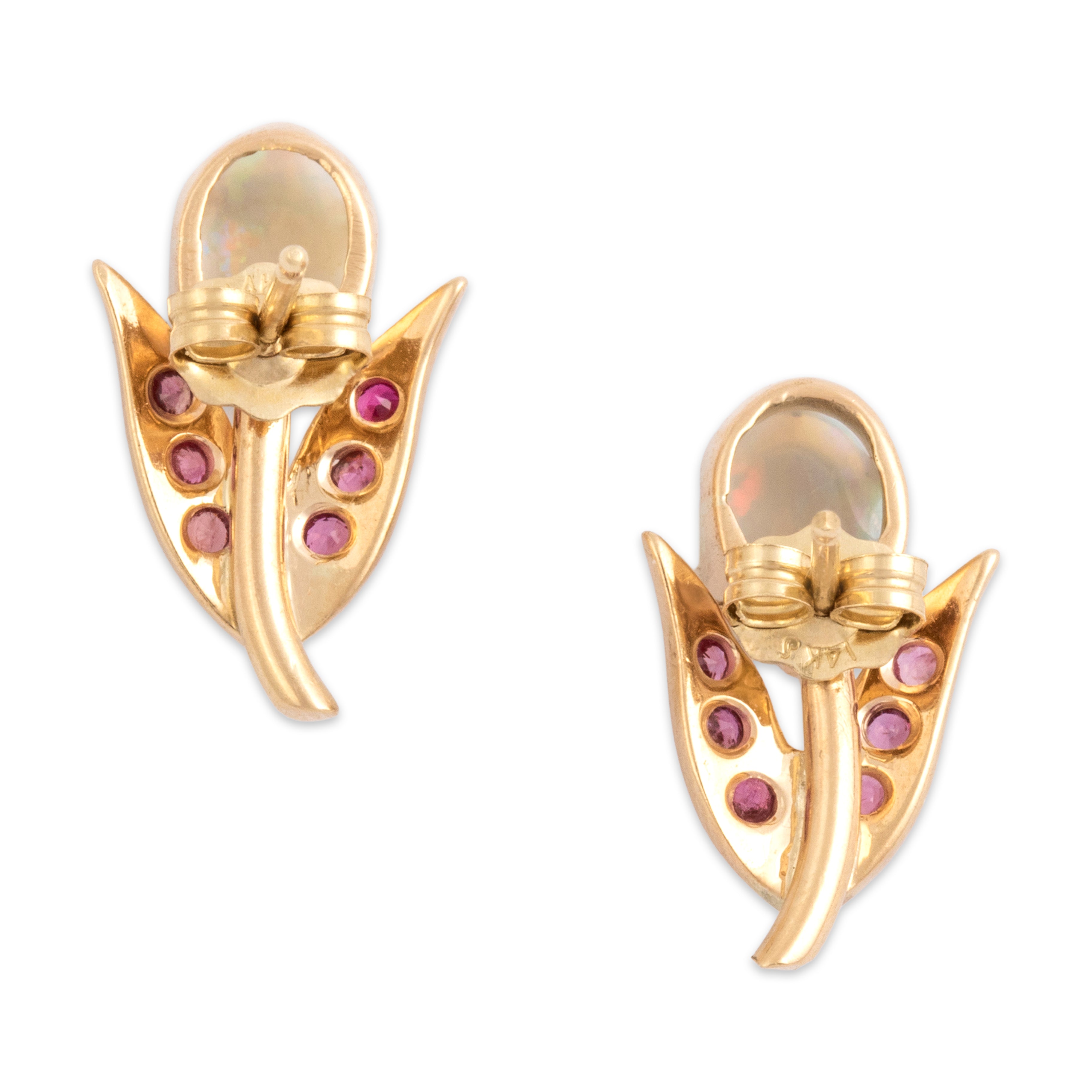 Vintage 14k Yellow Gold .63cttw Opal Ruby Darling Blossoming Tulip Stud Earrings - Back view