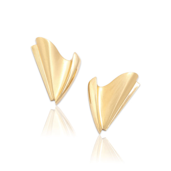 Vintage Large 14k Yellow Gold Brushed Artistic Fan Stud Earrings