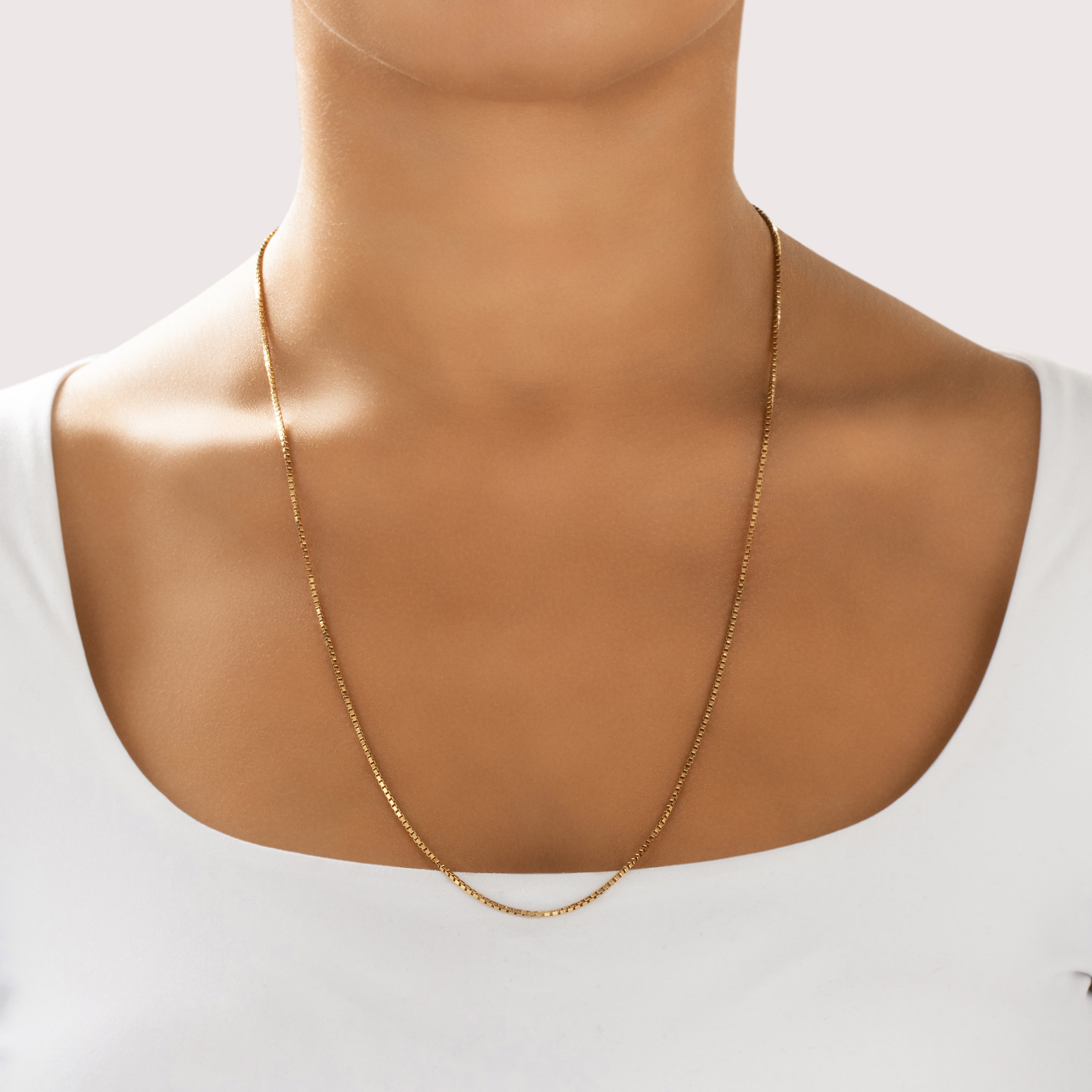 Vintage Substantial 14k Yellow Gold Long Box Link 1.4mm Chain - On model view