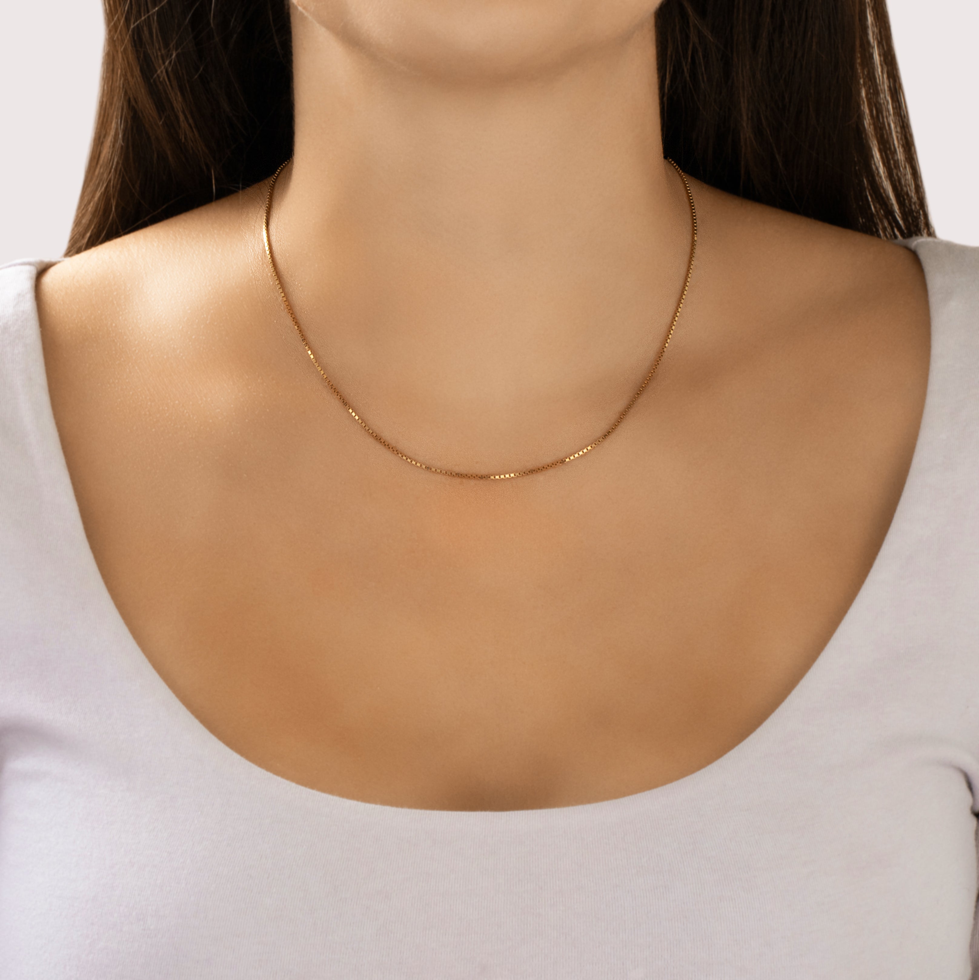 Vintage 14k Yellow Gold Classic Sleek Box 1mm Chain - On model view