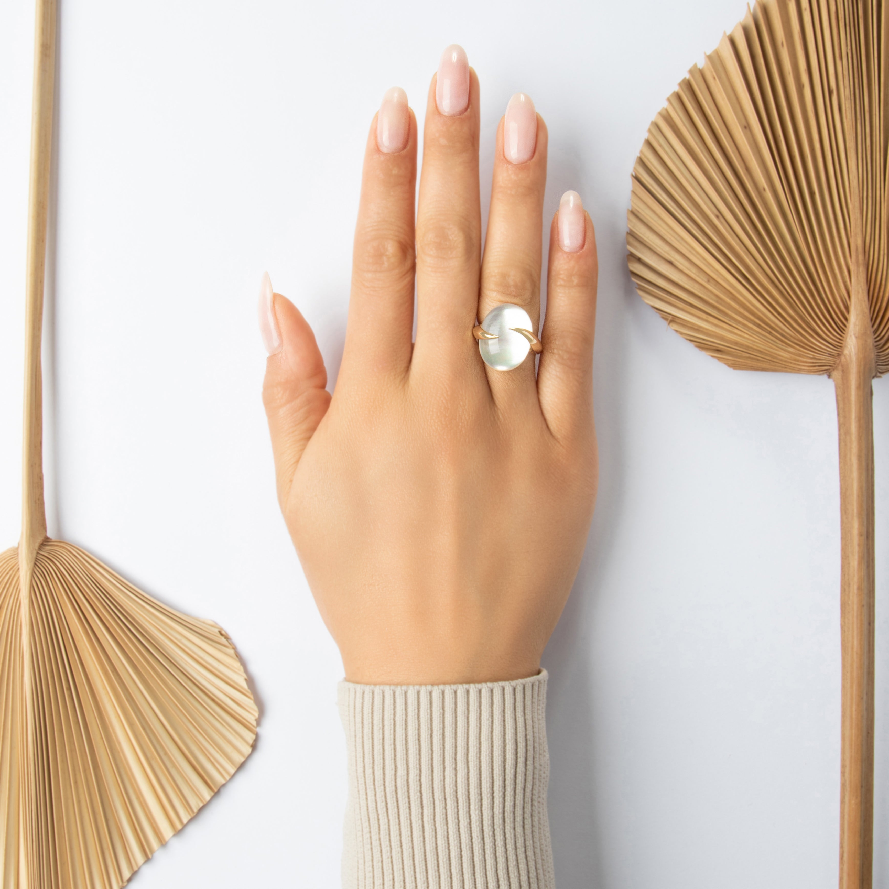 Estate 14k Yellow Gold Quartz Mother Of Peal Doublet Mesmerizing Luminous Cabochon Ring - On model view