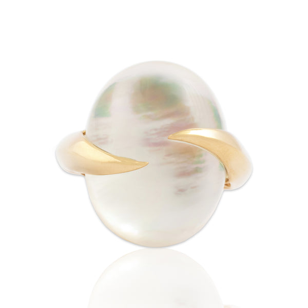 Estate 14k Yellow Gold Quartz Mother Of Pearl Mesmerizing Cabochon Ring 8.00