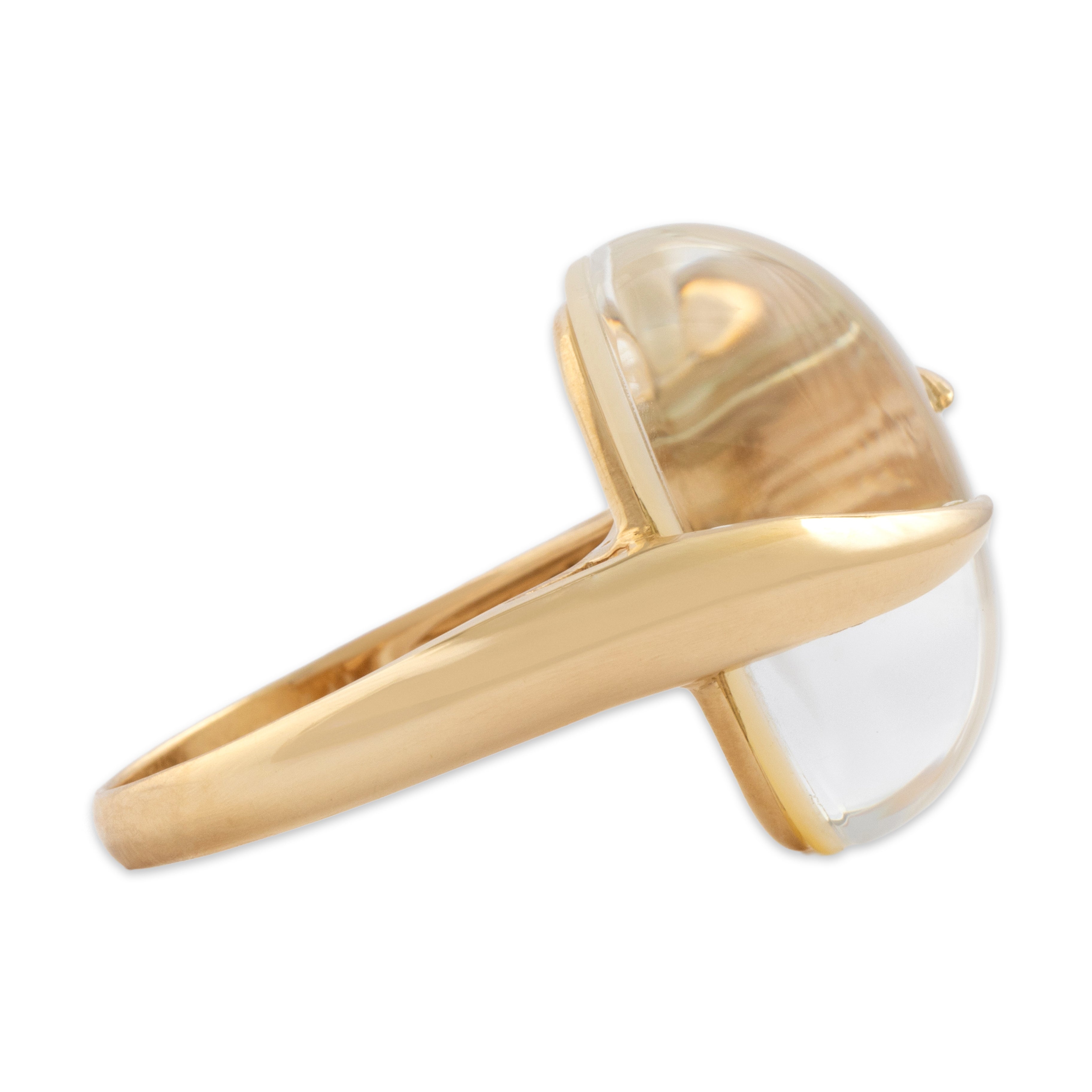 Estate 14k Yellow Gold Quartz Mother Of Peal Doublet Mesmerizing Luminous Cabochon Ring - Side view
