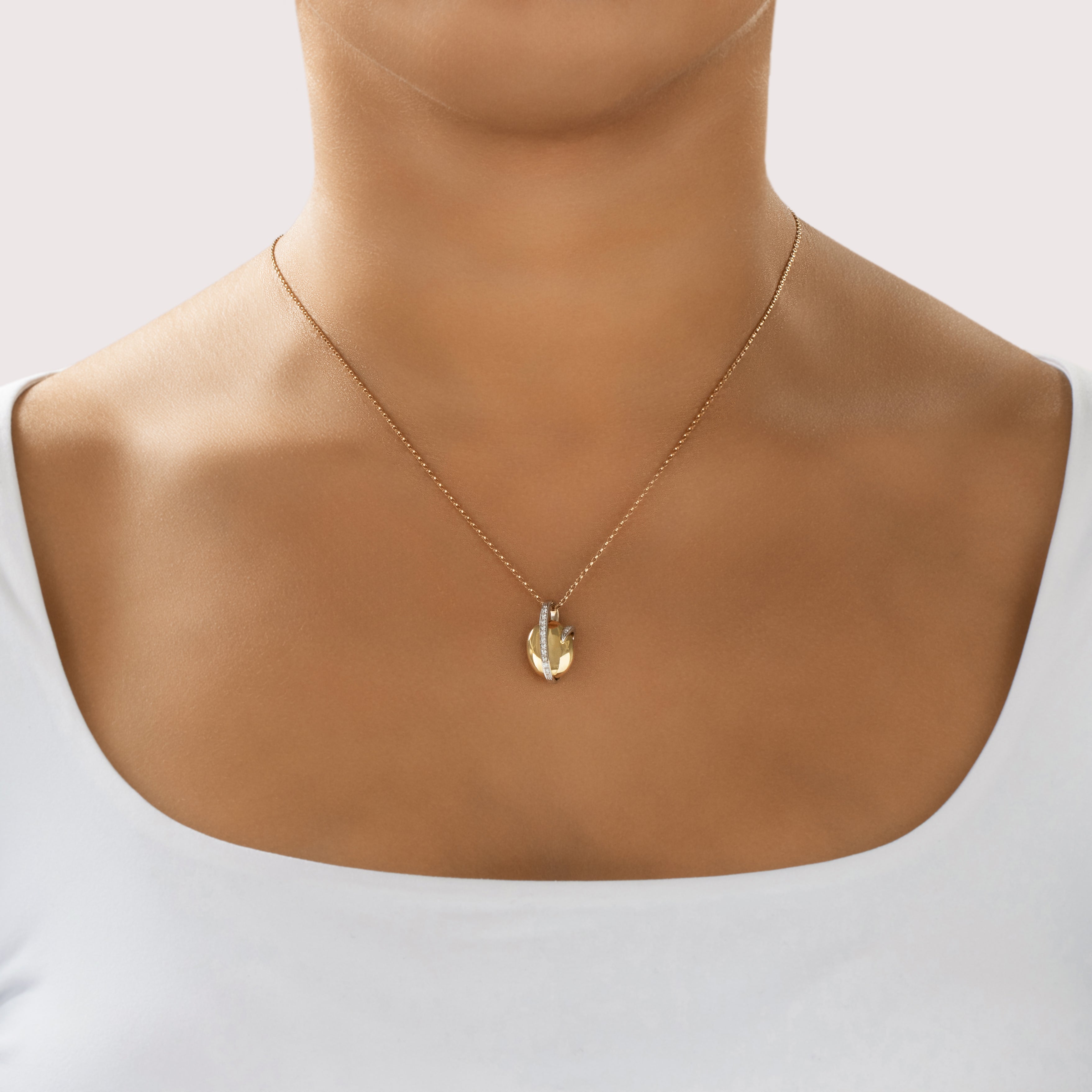 Vintage Italian 18k Yellow & White Gold Diamond Sculptural Loop Pendant - On model view