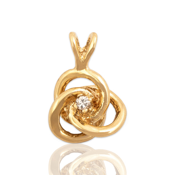Vintage Small 14k Yellow Gold .02ct Diamond Interlocking Knot Solitaire Pendant