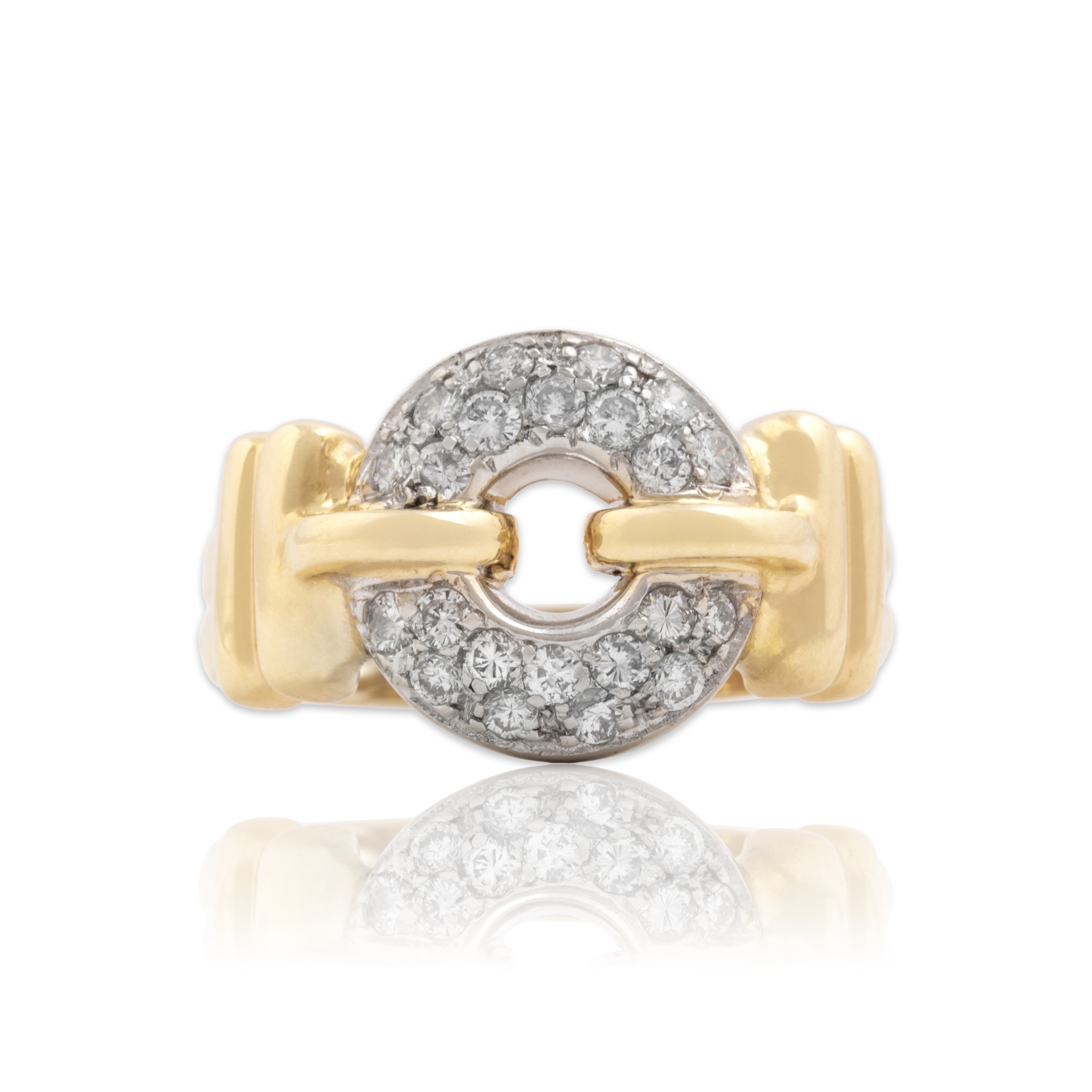 Vintage 14k Yellow & White Gold Diamond Chic Pavé Buckle Loop Ring - Close-up view