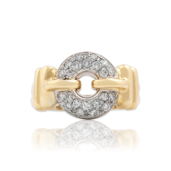 Vintage 14k Yellow & White Gold Diamond Chic Pavé Buckle Loop Ring 7.75