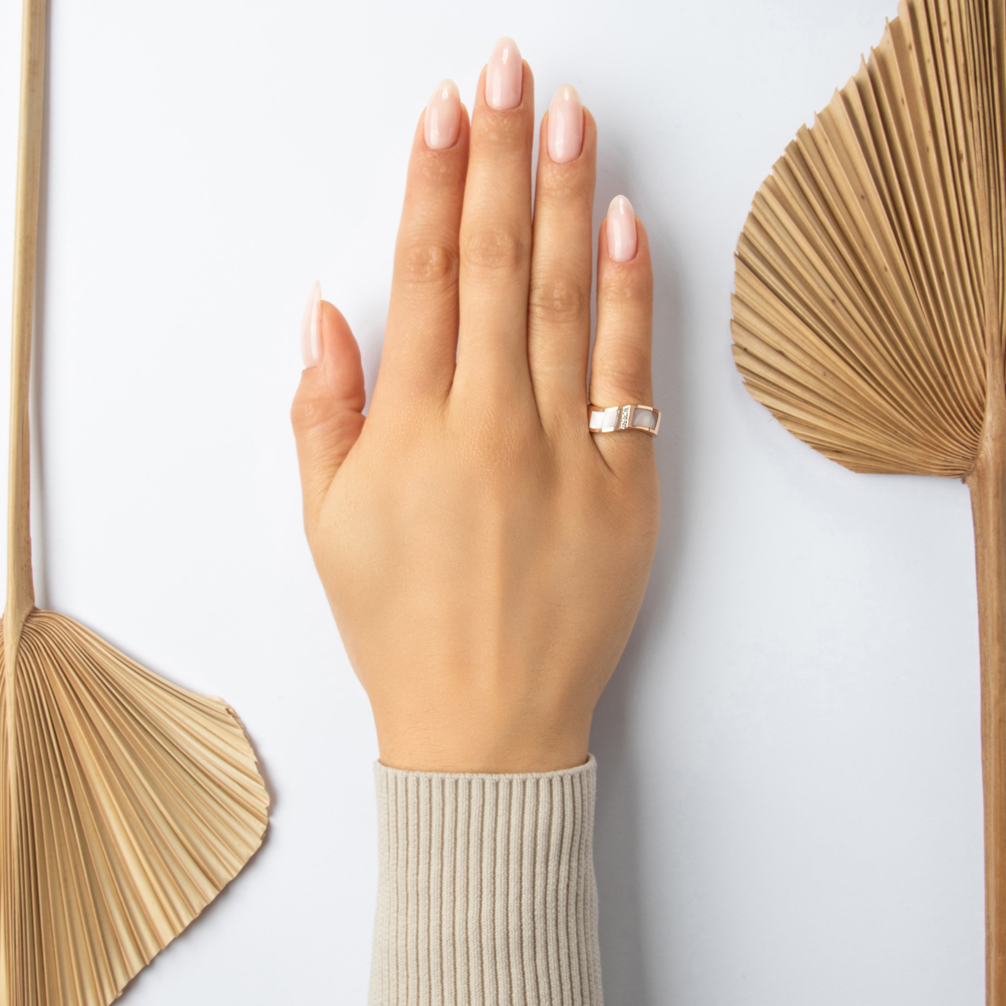 Vintage Heavy 14k Rose Gold Diamond Mother Of Pearl Waving Inlay Channel Band Ring - On model view