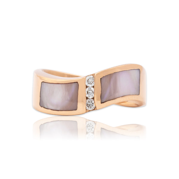 Vintage Heavy 14k Rose Gold Diamond Mother Of Pearl Inlay Channel Band Ring 5.50