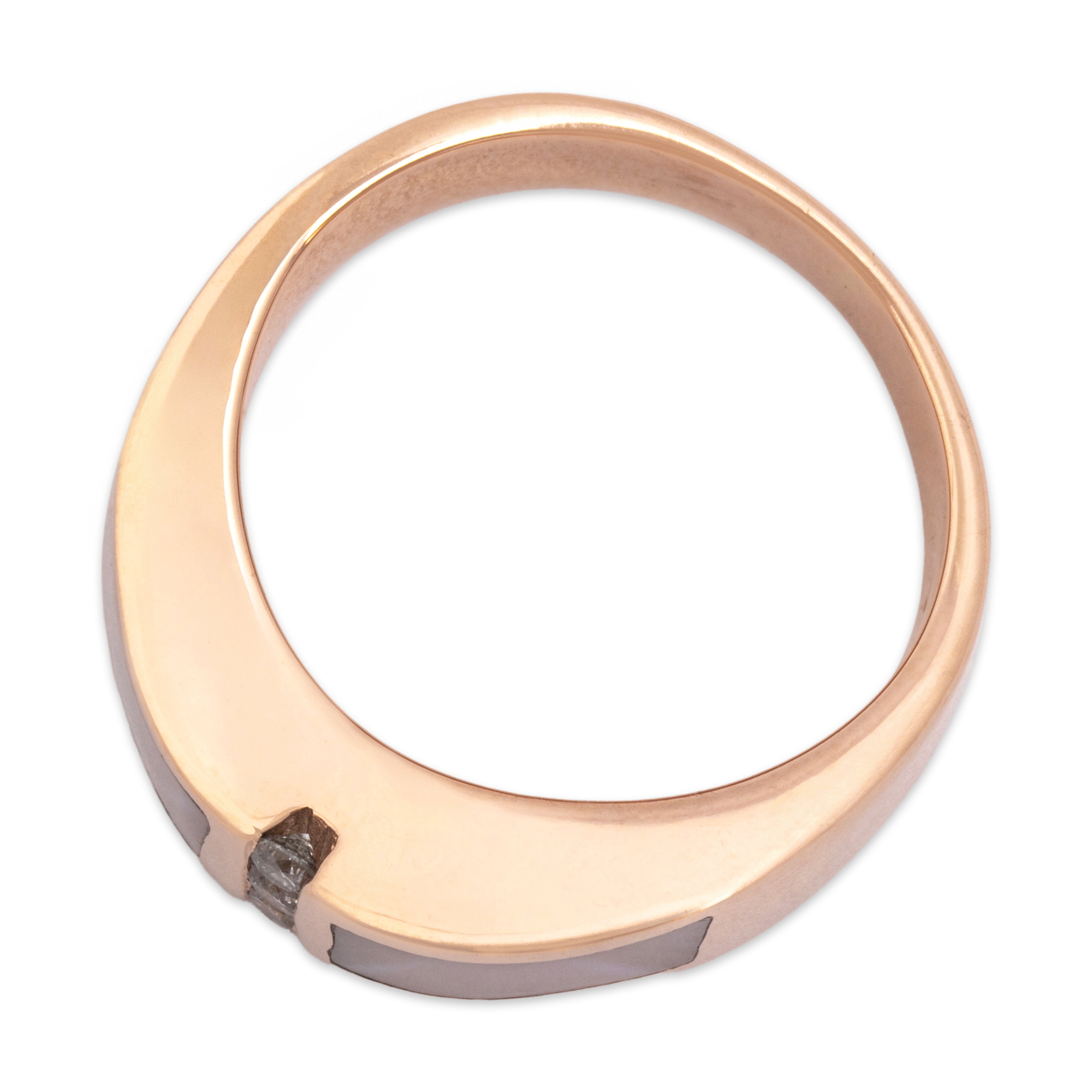 Vintage Heavy 14k Rose Gold Diamond Mother Of Pearl Waving Inlay Channel Band Ring - detail view #1