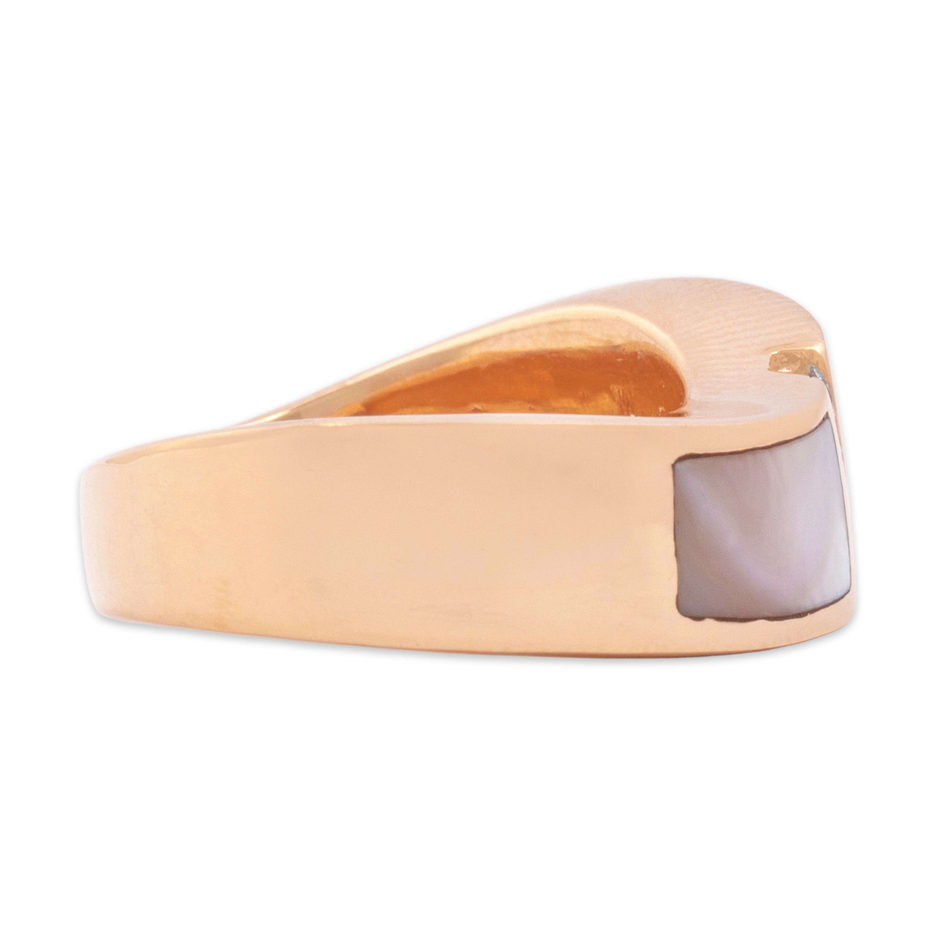 Vintage Heavy 14k Rose Gold Diamond Mother Of Pearl Waving Inlay Channel Band Ring - Side view