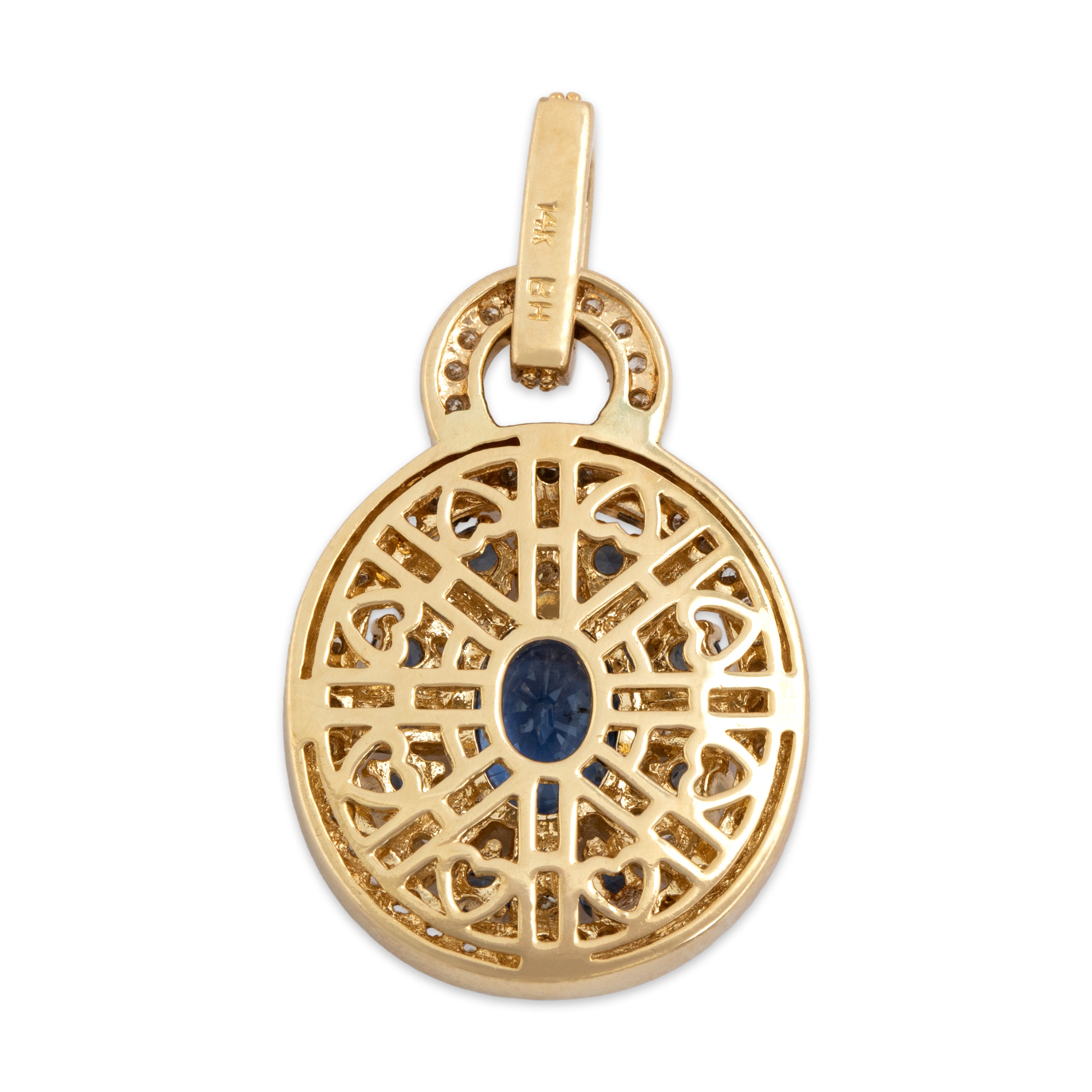 Vintage 14k Yellow Gold 1.36cttw Blue Sapphire Diamond Love Lock Pendant - Back view
