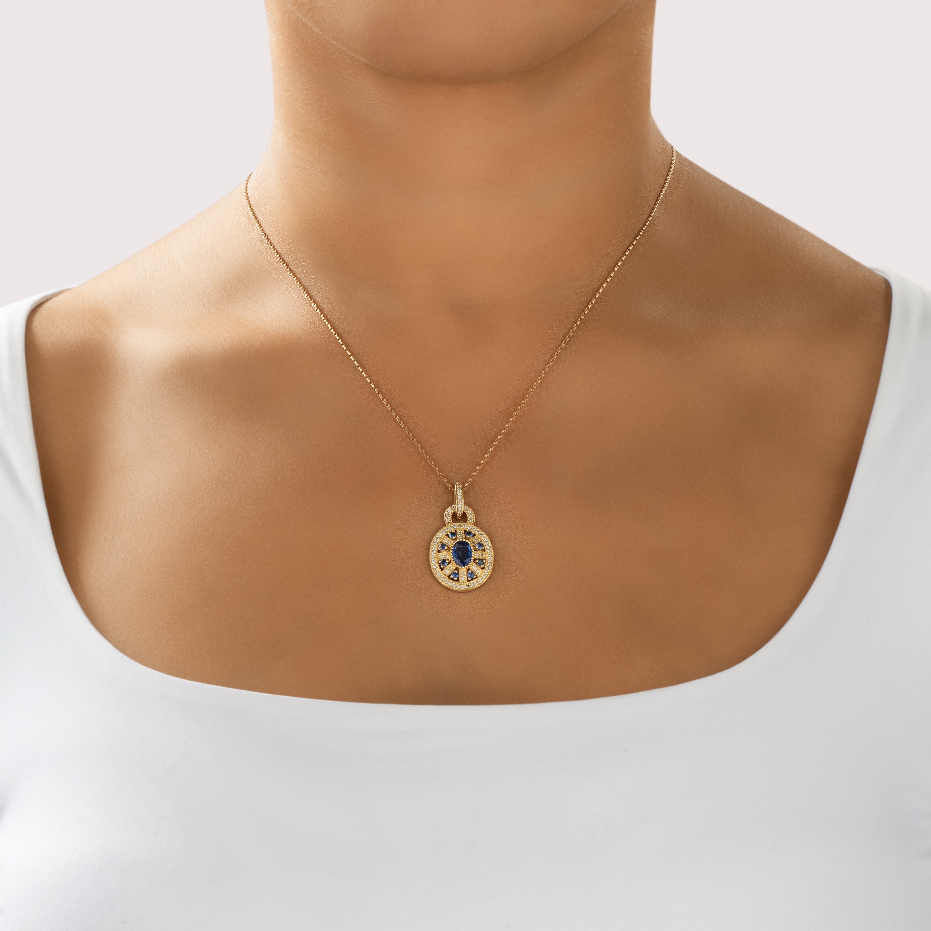 Vintage 14k Yellow Gold 1.36cttw Blue Sapphire Diamond Love Lock Pendant - On model view