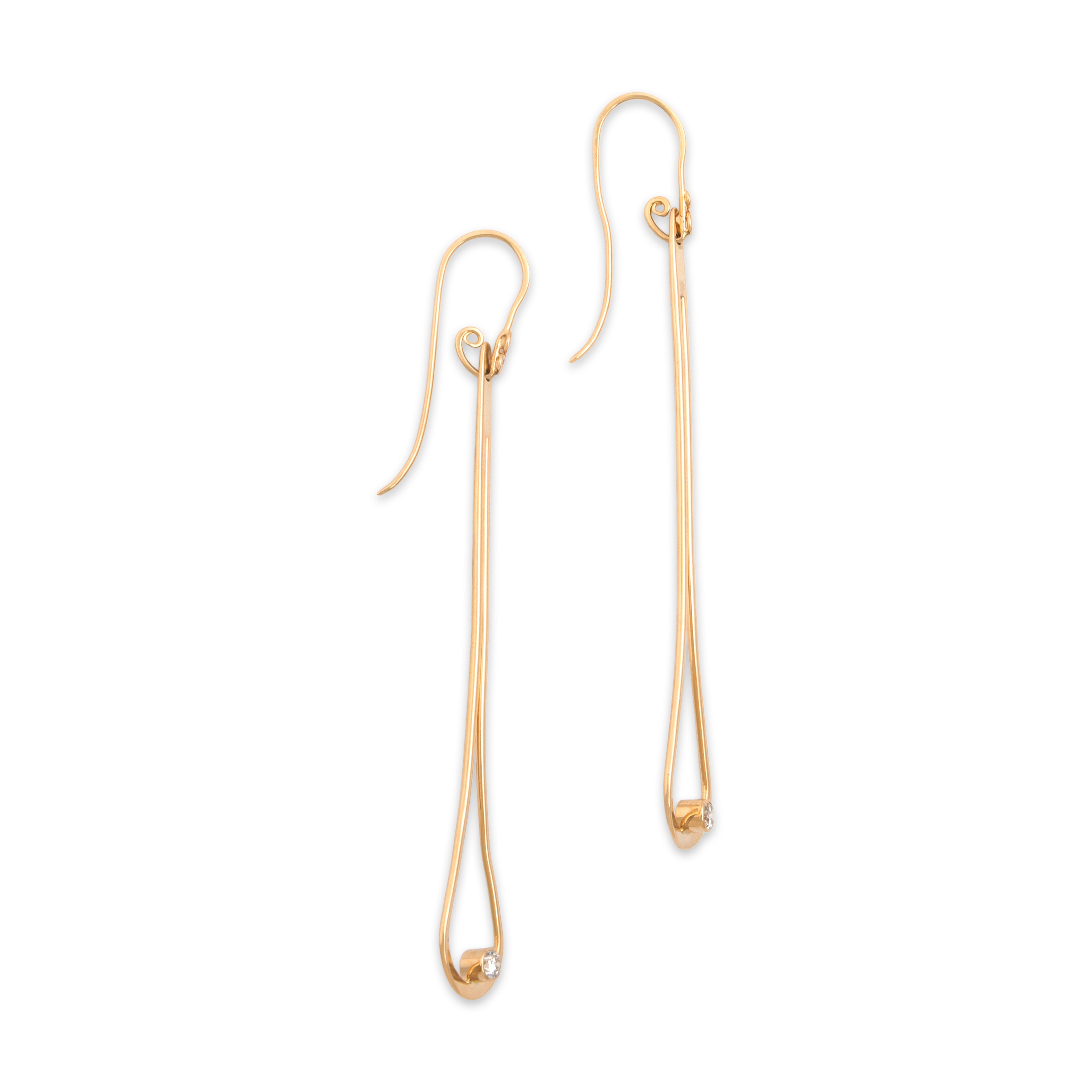 Vintage 14k Yellow Gold Diamond Long Wire Loop Dangle Earrings - Side view