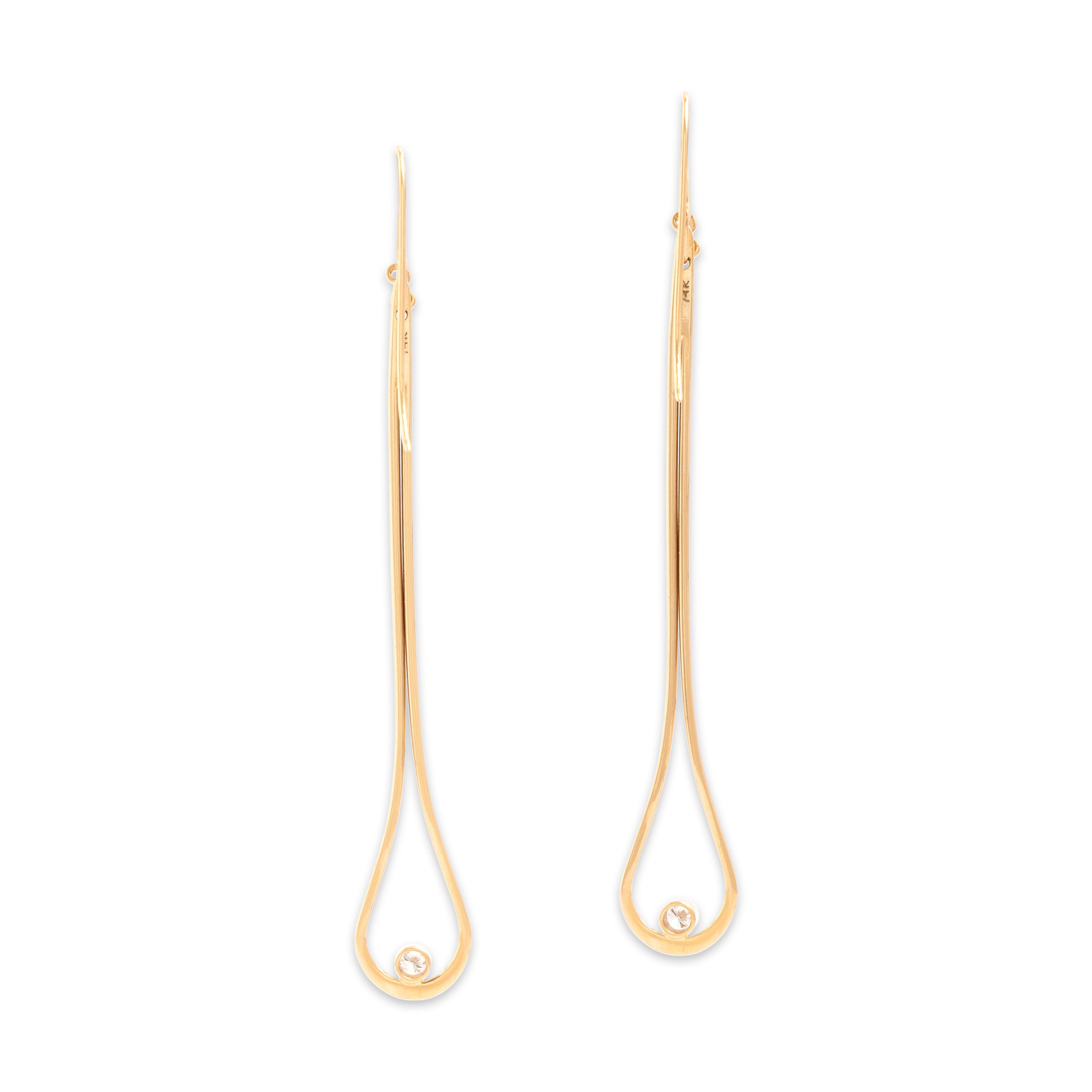 Vintage 14k Yellow Gold Diamond Long Wire Loop Dangle Earrings - Back view