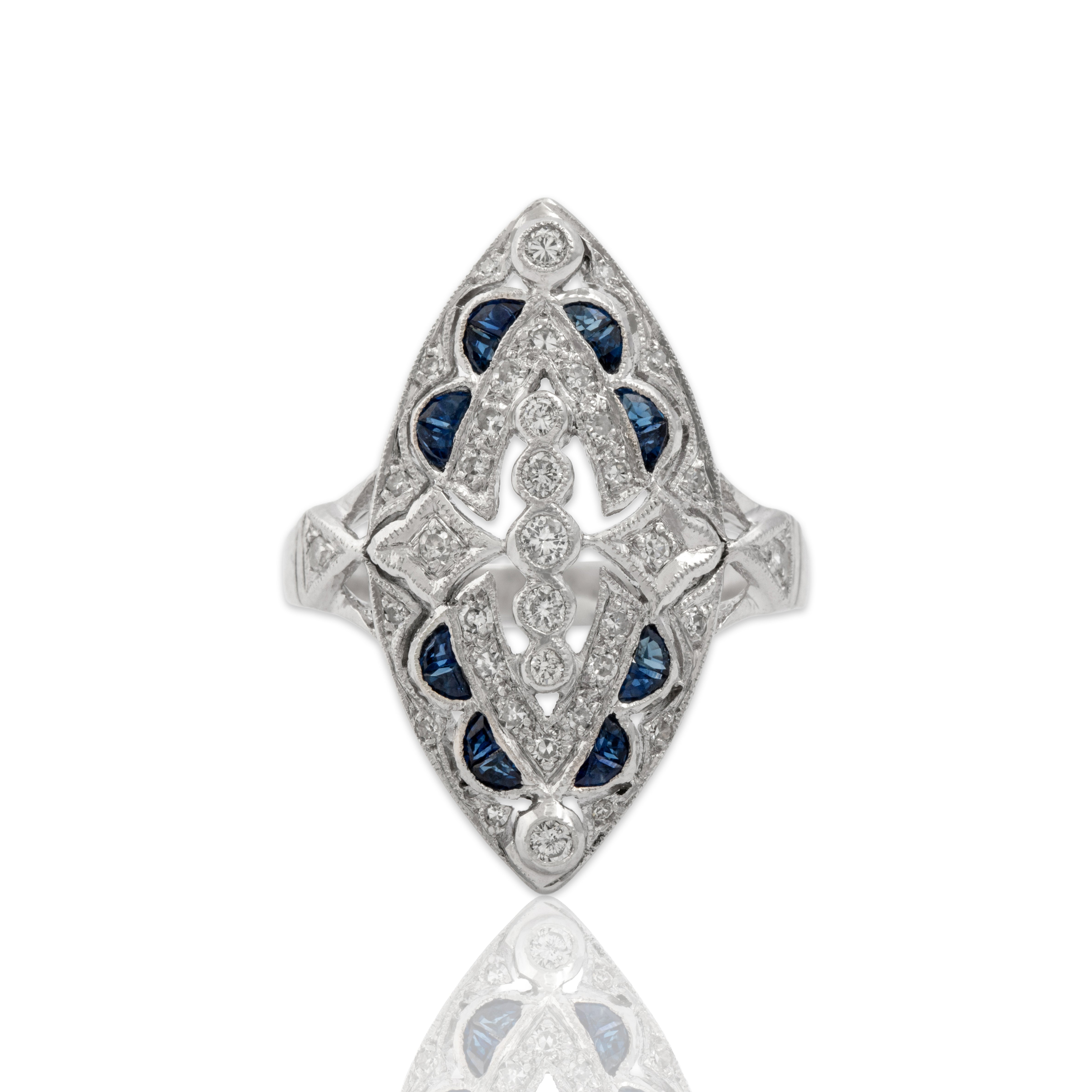 Vintage 14k White Gold Diamond Blue Sapphire Incredible Openwork Navette Shield Ring - Close-up view
