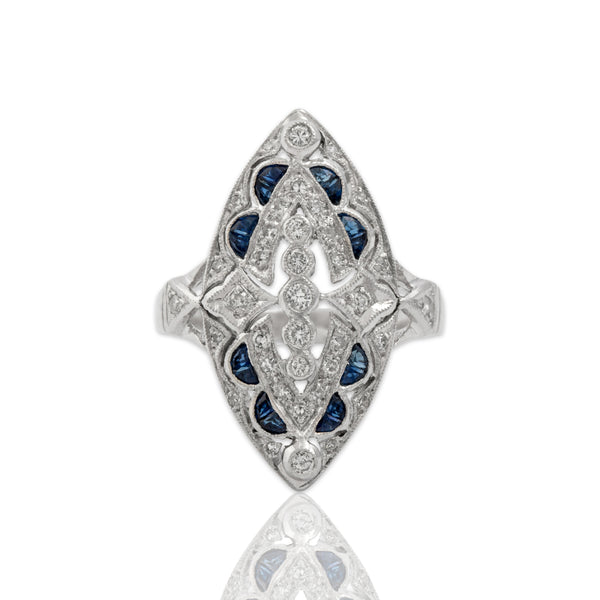Vintage 14k White Gold Diamond Blue Sapphire Openwork Navette Shield Ring 7.25