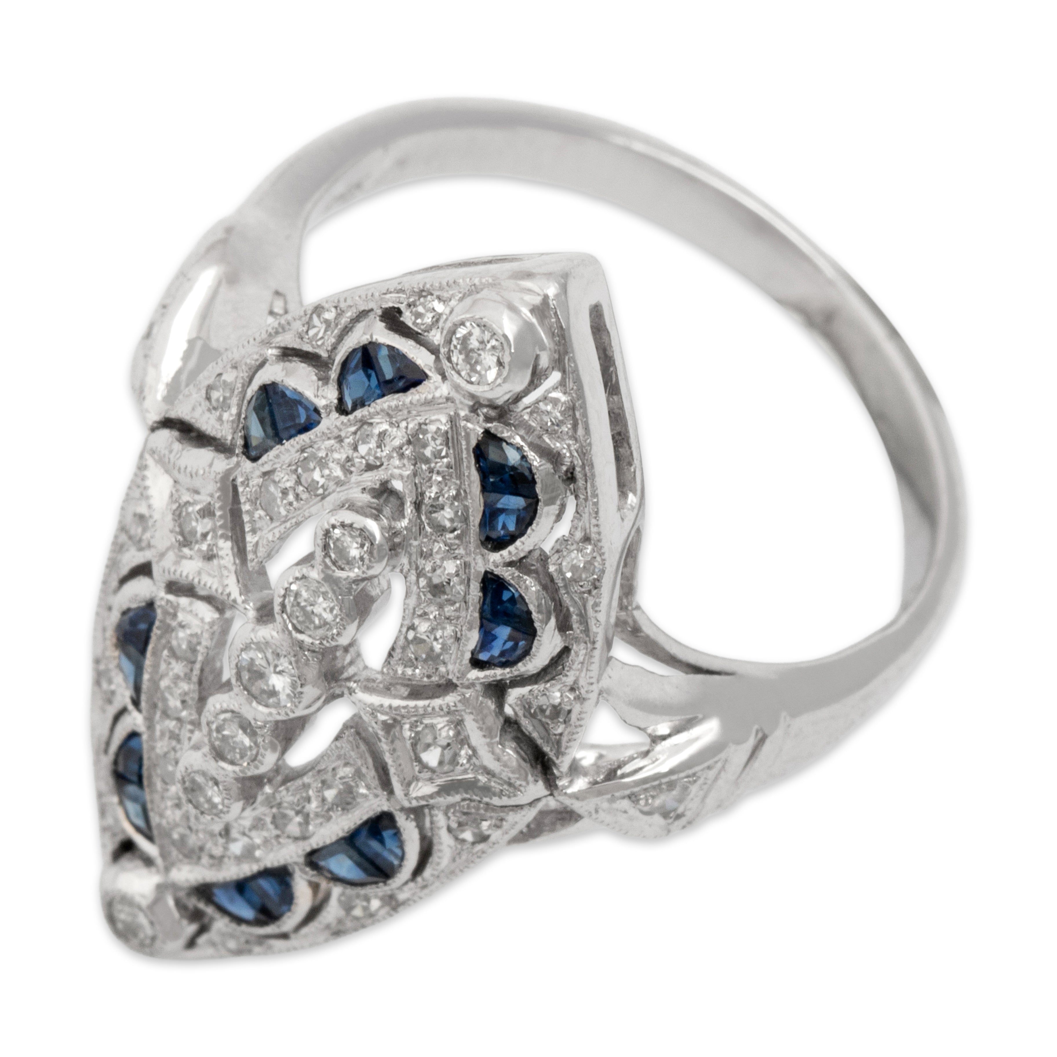Vintage 14k White Gold Diamond Blue Sapphire Incredible Openwork Navette Shield Ring - Overall view