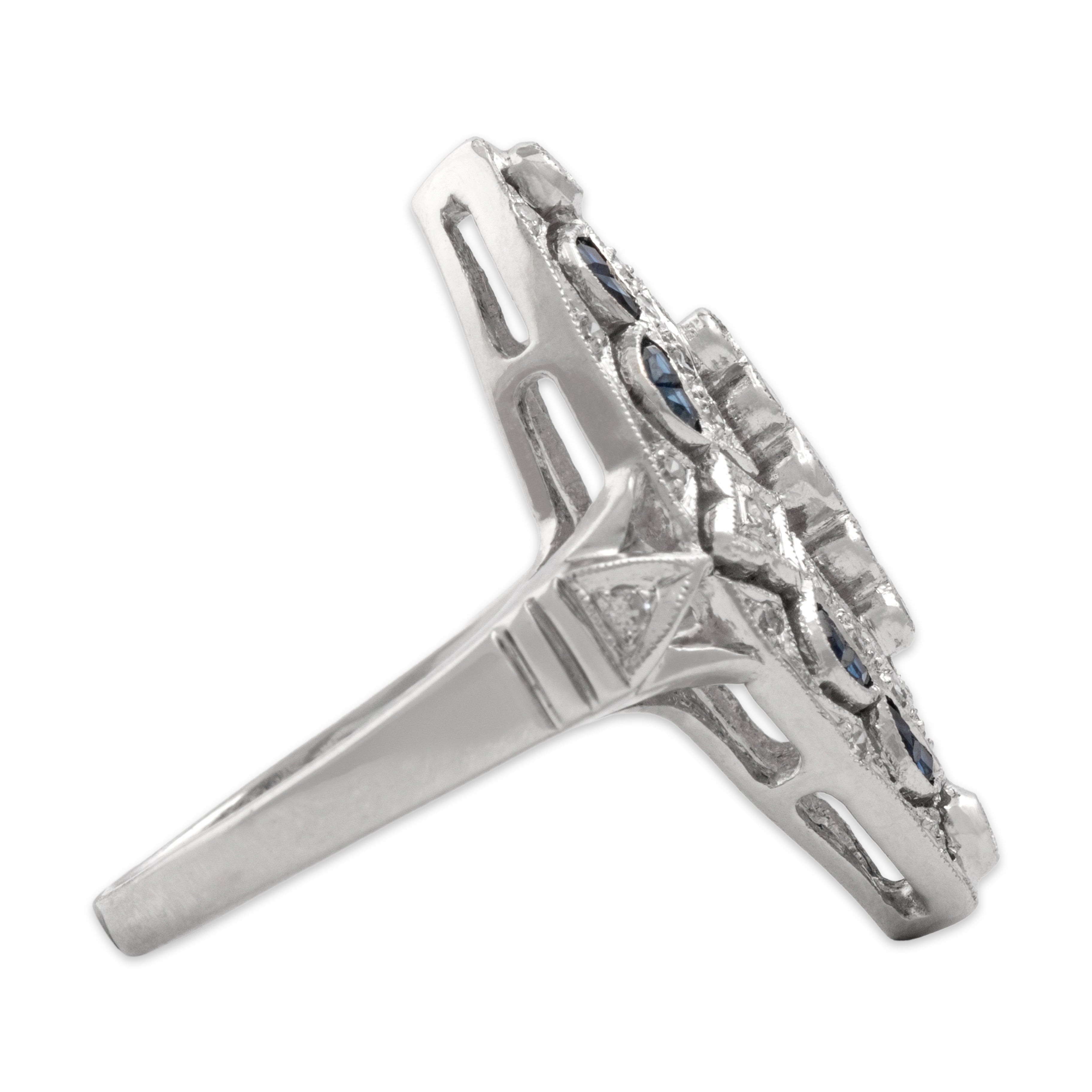 Vintage 14k White Gold Diamond Blue Sapphire Incredible Openwork Navette Shield Ring - Side view