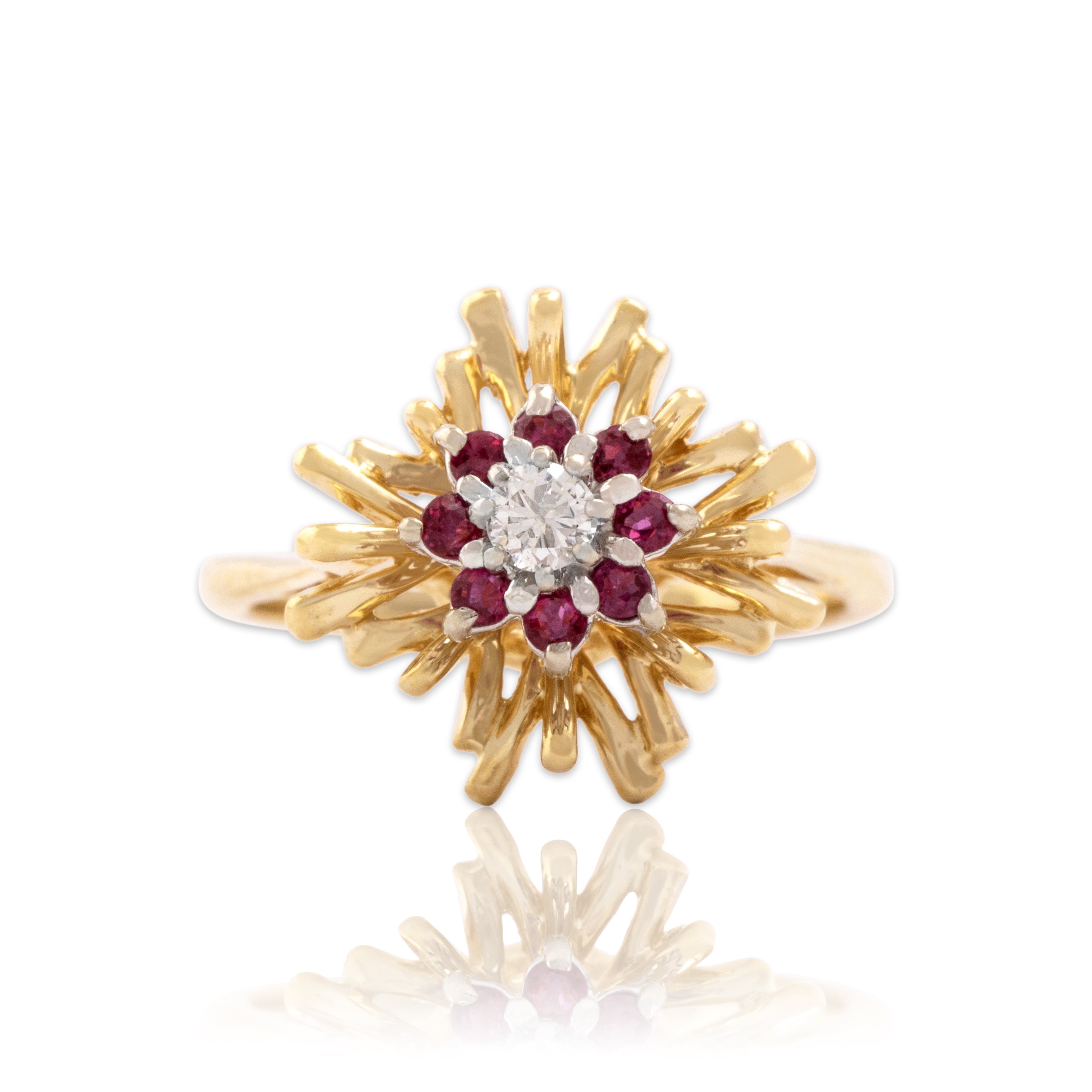 Vintage 14k Yellow & White Gold Ruby Diamond Spiky Geometric Floriform Screw-In Ring - Close-up view