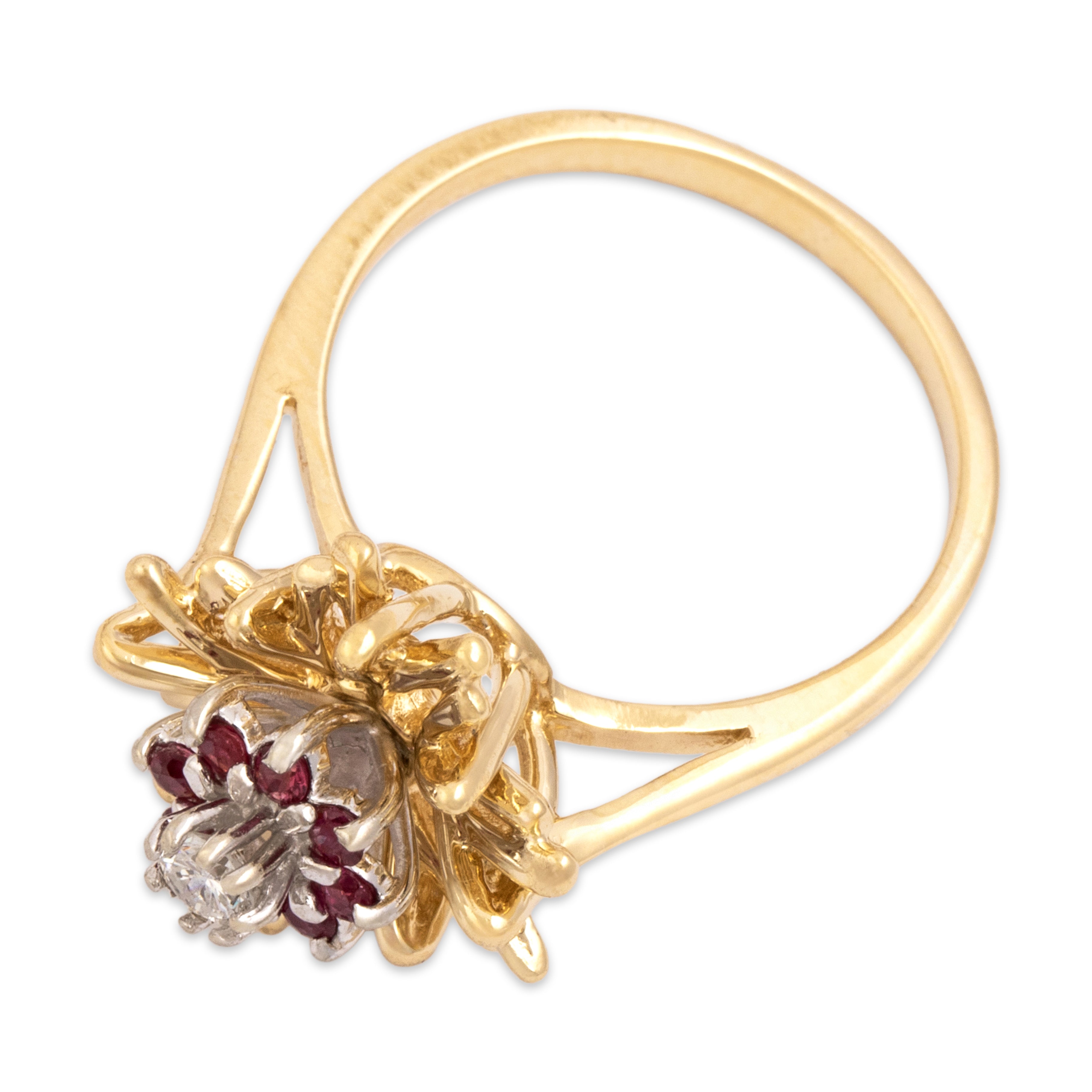 Vintage 14k Yellow & White Gold Ruby Diamond Spiky Geometric Floriform Screw-In Ring - Overall view