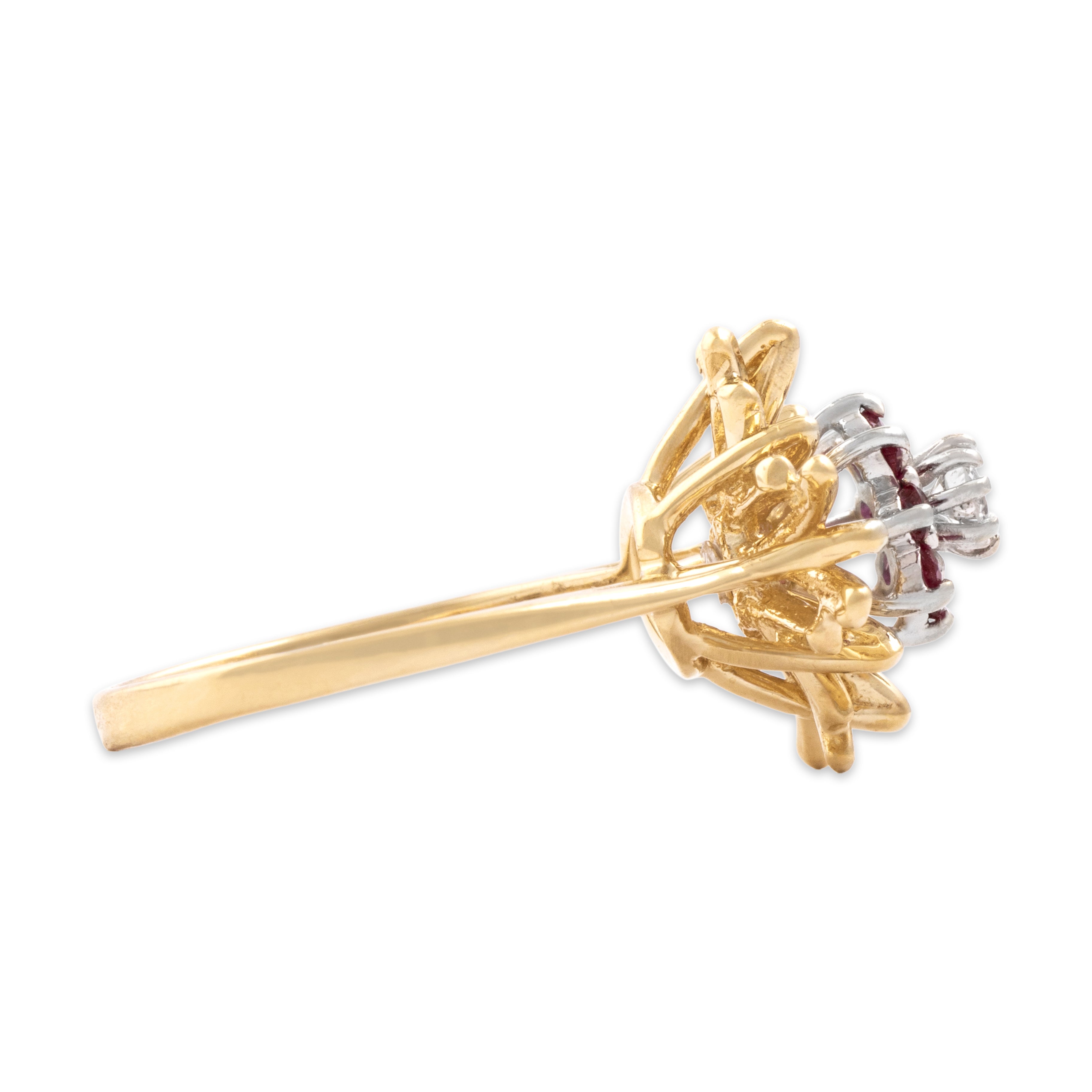 Vintage 14k Yellow & White Gold Ruby Diamond Spiky Geometric Floriform Screw-In Ring - Side view