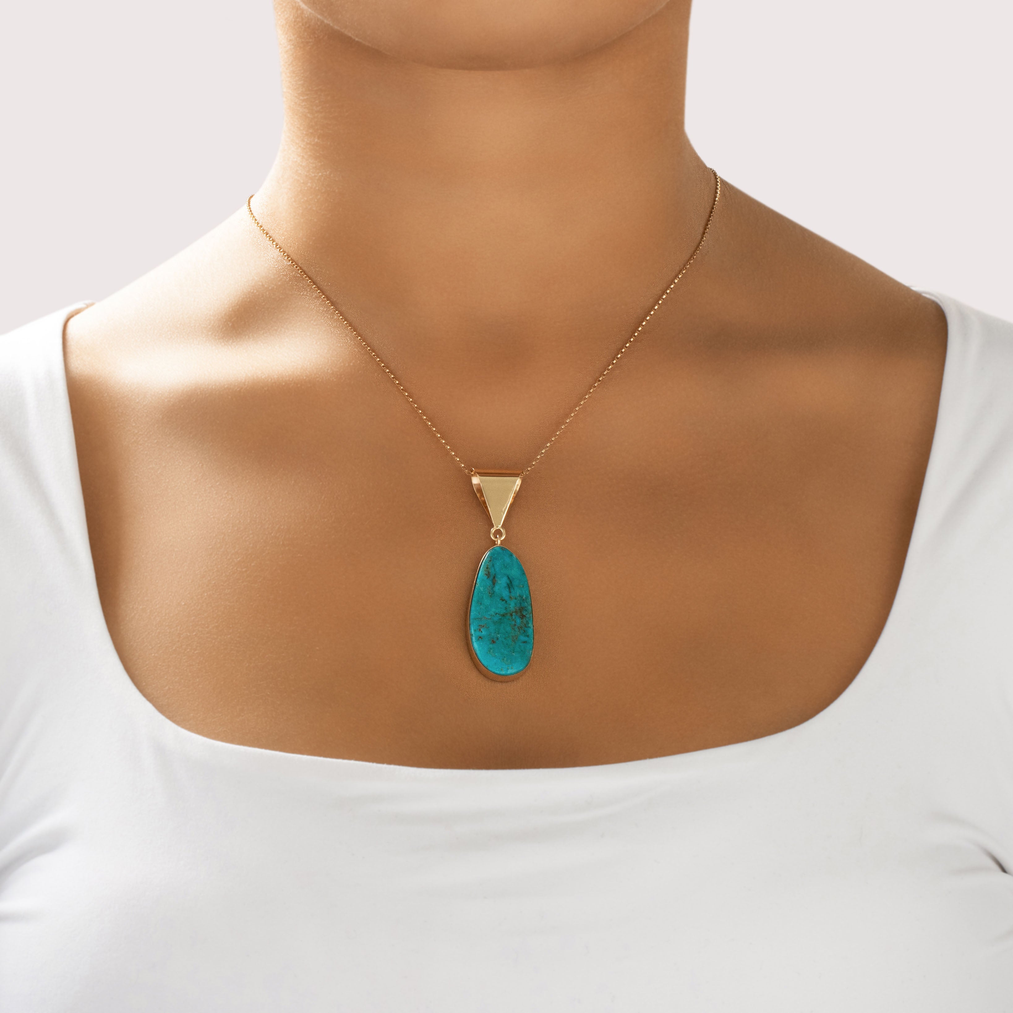 Vintage Large 14k Yellow Gold Turquoise Naturalistic Cabochon Pendant