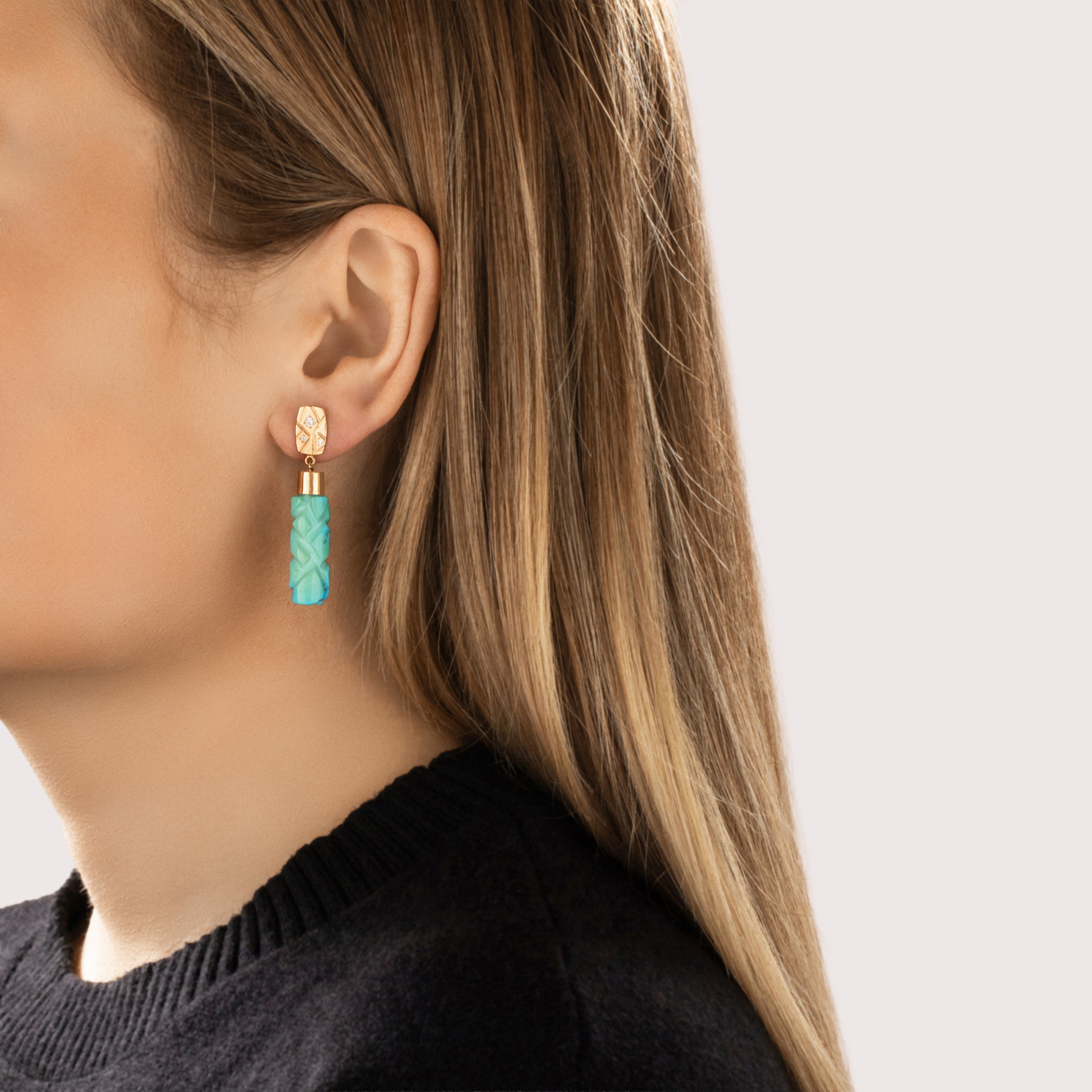 Estate Substantial 14k Yellow Gold 32.41cttw Turquoise Diamond Carved Column Dangle Earrings - On model view