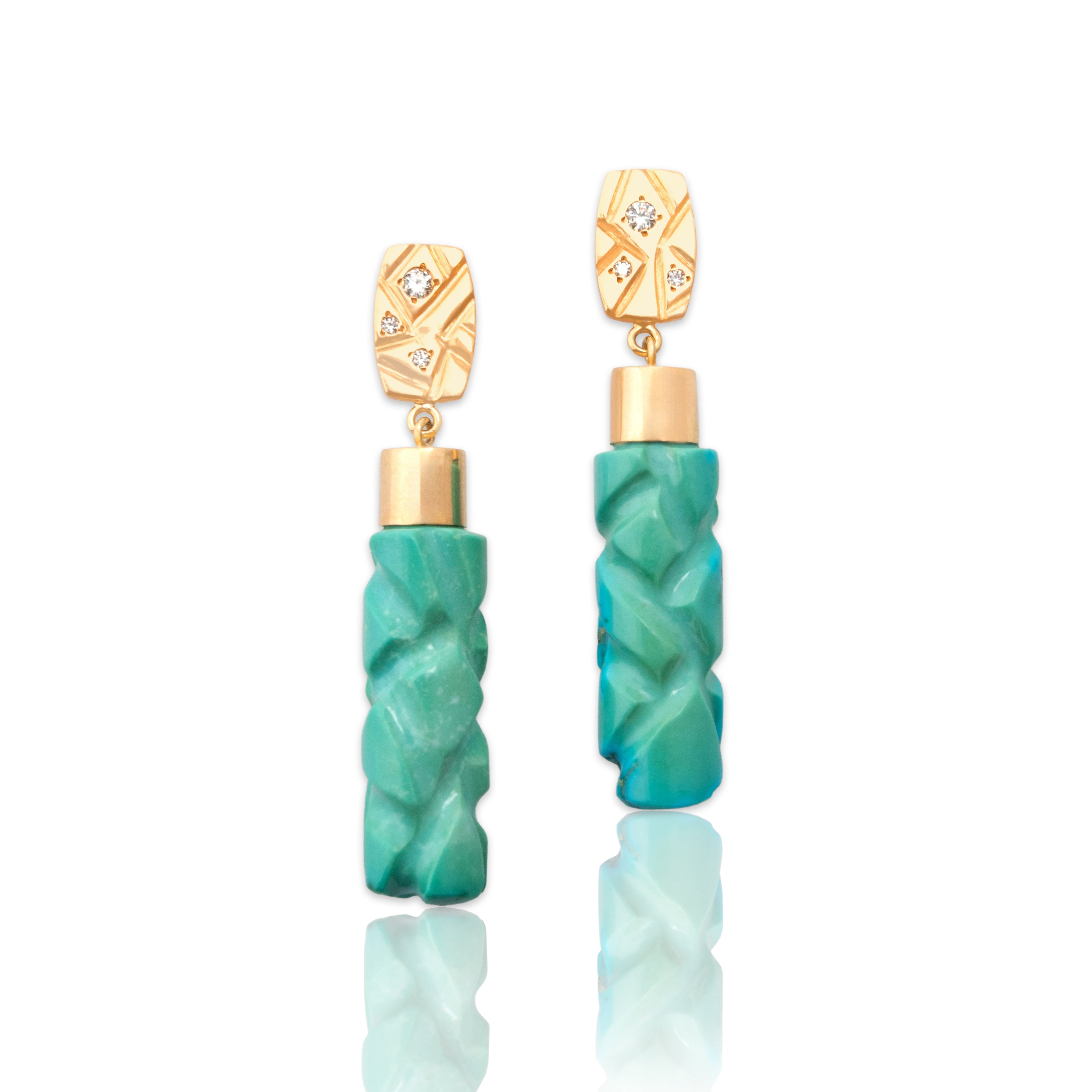 Estate Substantial 14k Yellow Gold 32.41cttw Turquoise Diamond Carved Earrings