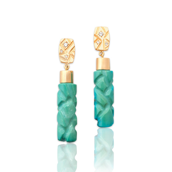 Estate Substantial 14k Yellow Gold 32.41cttw Turquoise Diamond Carved Earrings