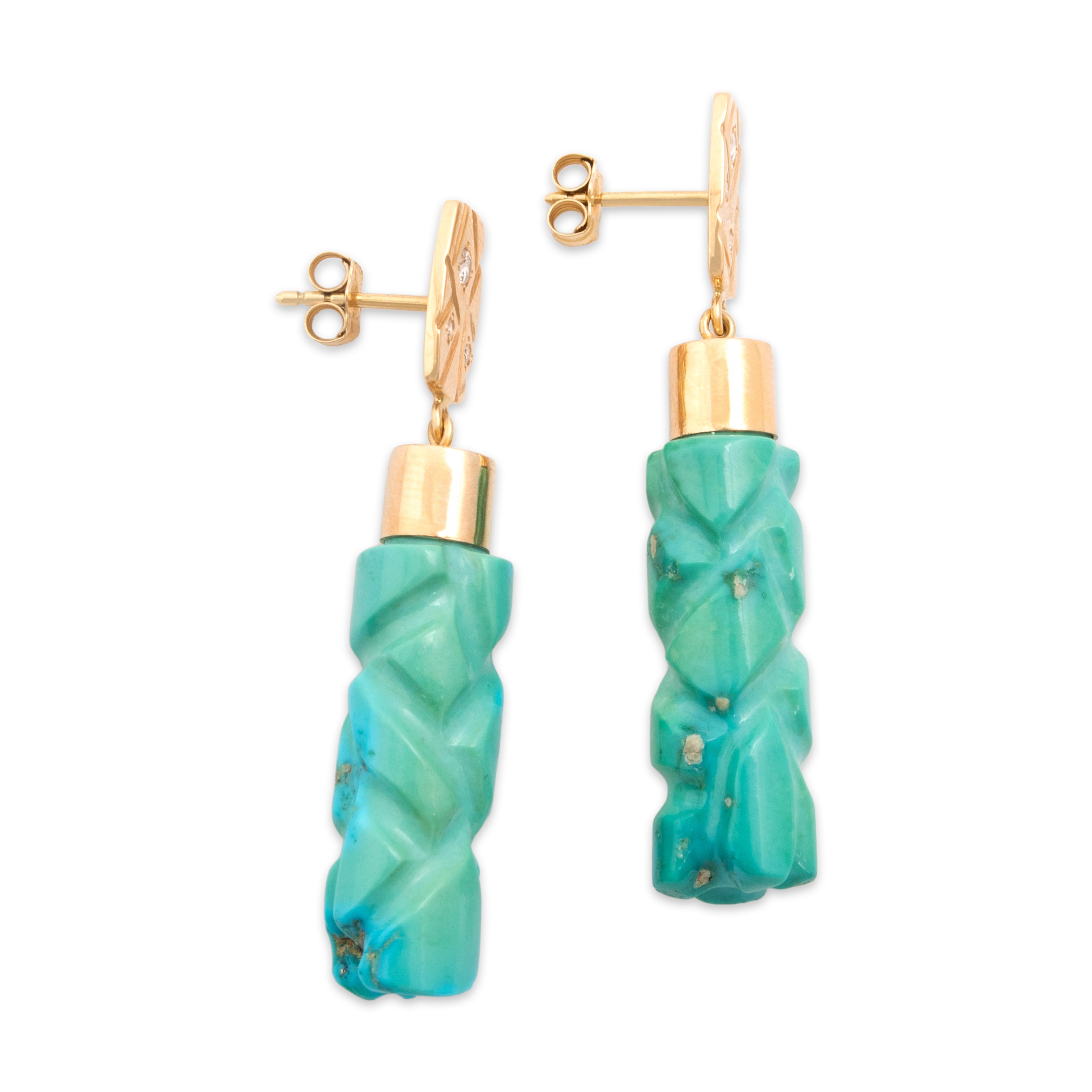 Estate Substantial 14k Yellow Gold 32.41cttw Turquoise Diamond Carved Column Dangle Earrings - Side view